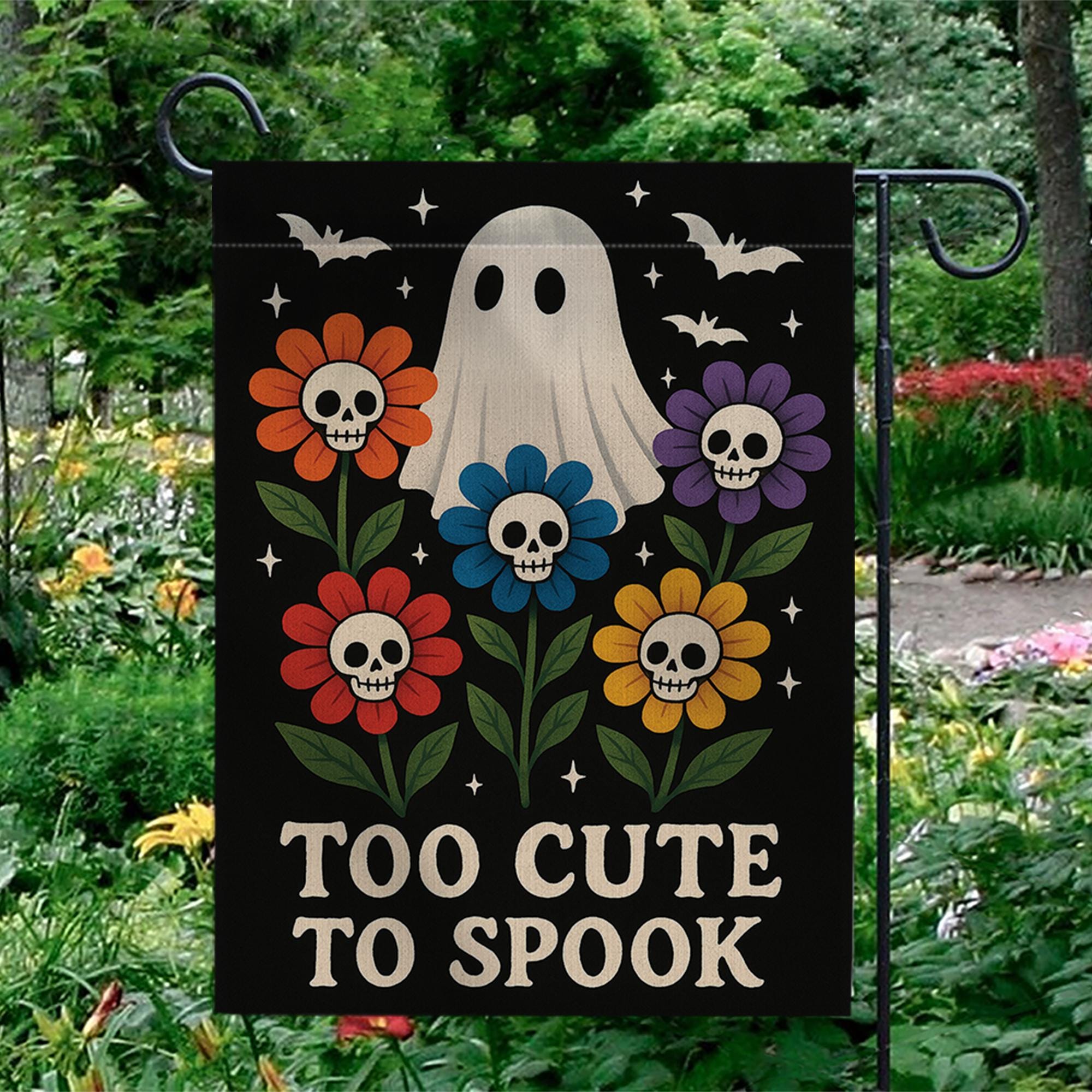 Too Cute to Spook Garden Flag, Halloween Ghost Yard Sign, Floral Skull Outdoor Decor, Cute Spooky Fall Decoration for Garden or Lawn