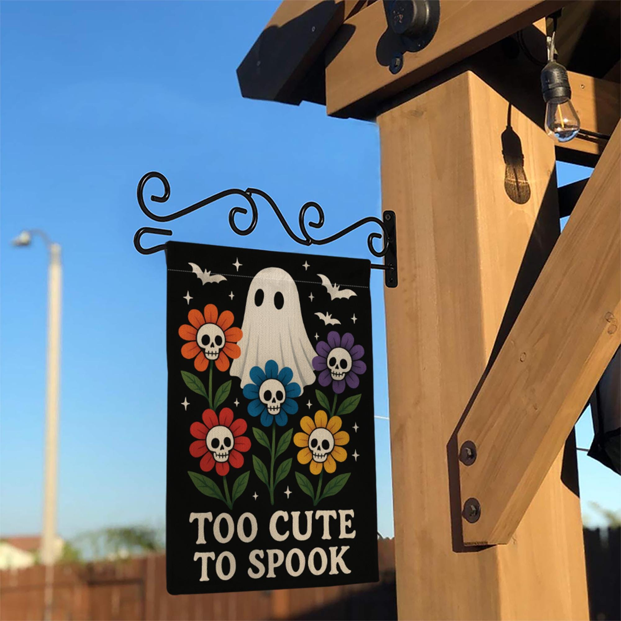 Too Cute to Spook Garden Flag, Halloween Ghost Yard Sign, Floral Skull Outdoor Decor, Cute Spooky Fall Decoration for Garden or Lawn