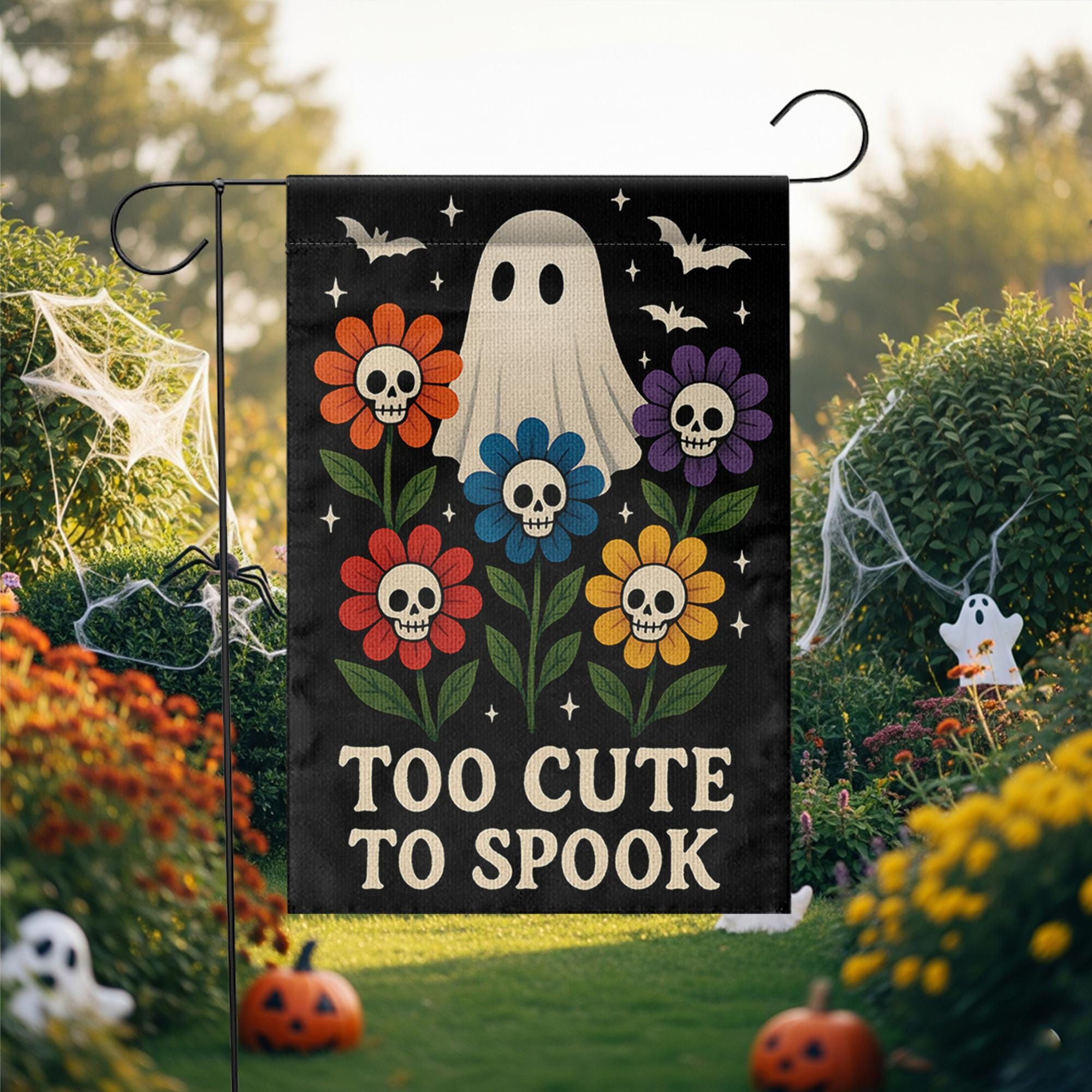 Too Cute to Spook Garden Flag, Halloween Ghost Yard Sign, Floral Skull Outdoor Decor, Cute Spooky Fall Decoration for Garden or Lawn