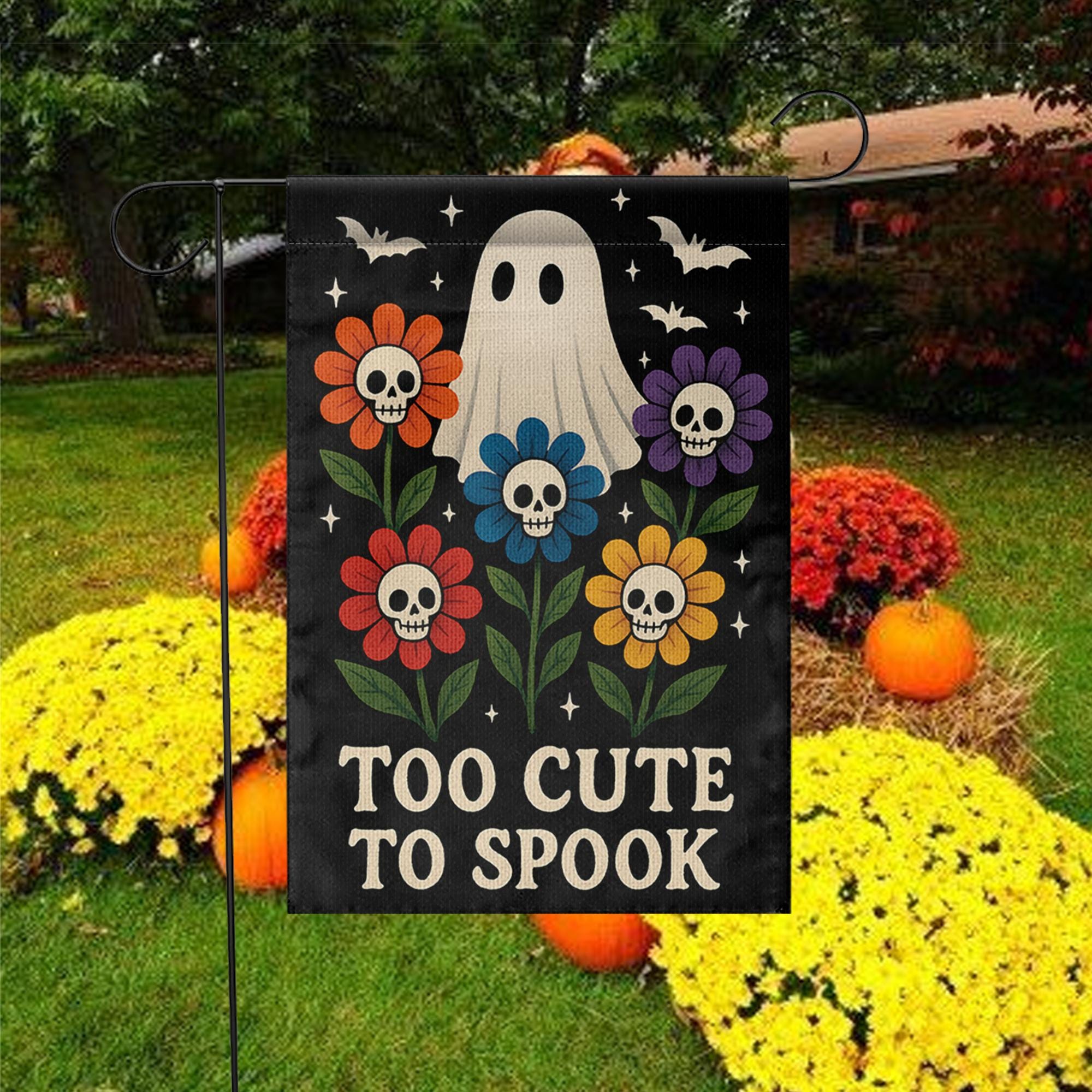 Too Cute to Spook Garden Flag, Halloween Ghost Yard Sign, Floral Skull Outdoor Decor, Cute Spooky Fall Decoration for Garden or Lawn