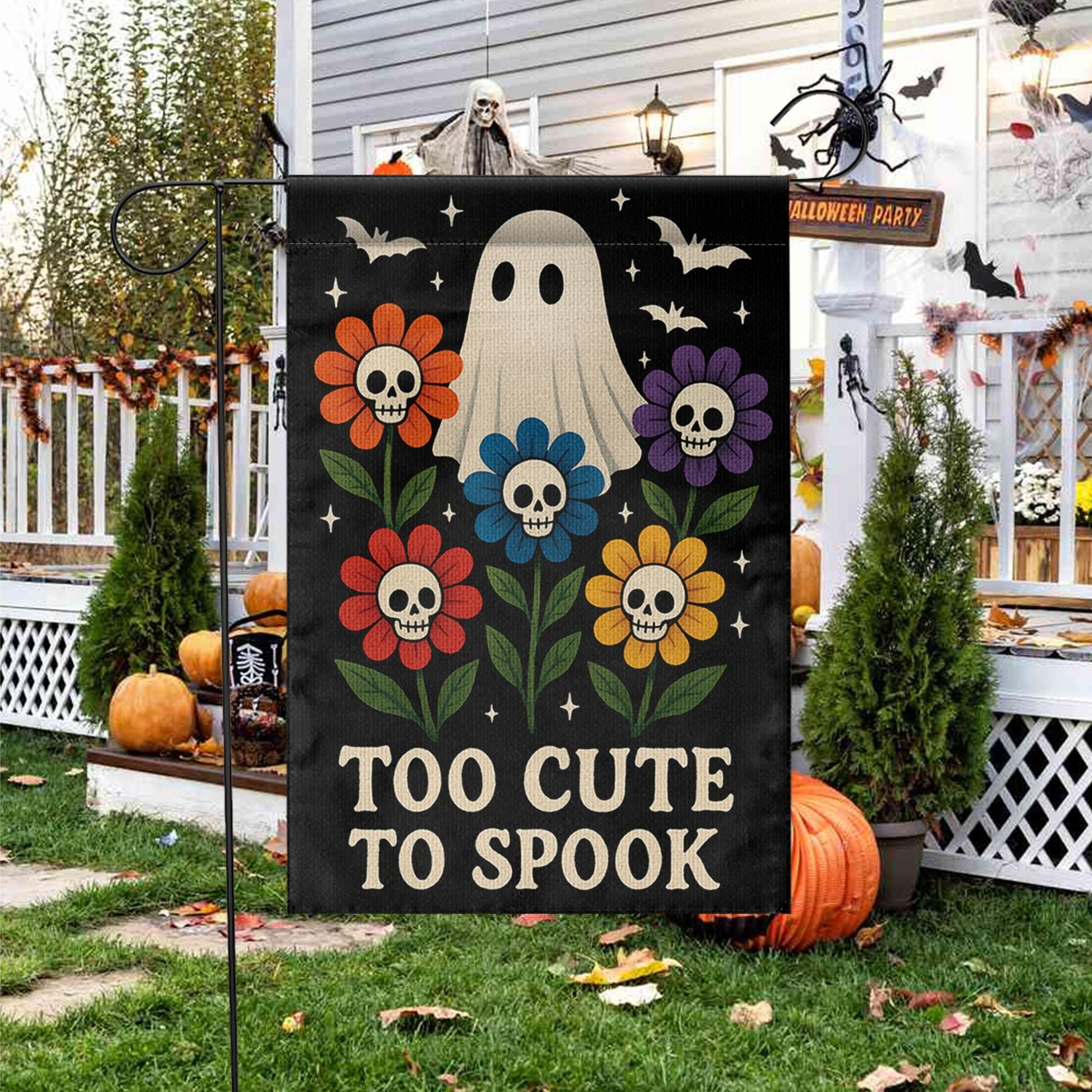 Too Cute to Spook Garden Flag, Halloween Ghost Yard Sign, Floral Skull Outdoor Decor, Cute Spooky Fall Decoration for Garden or Lawn