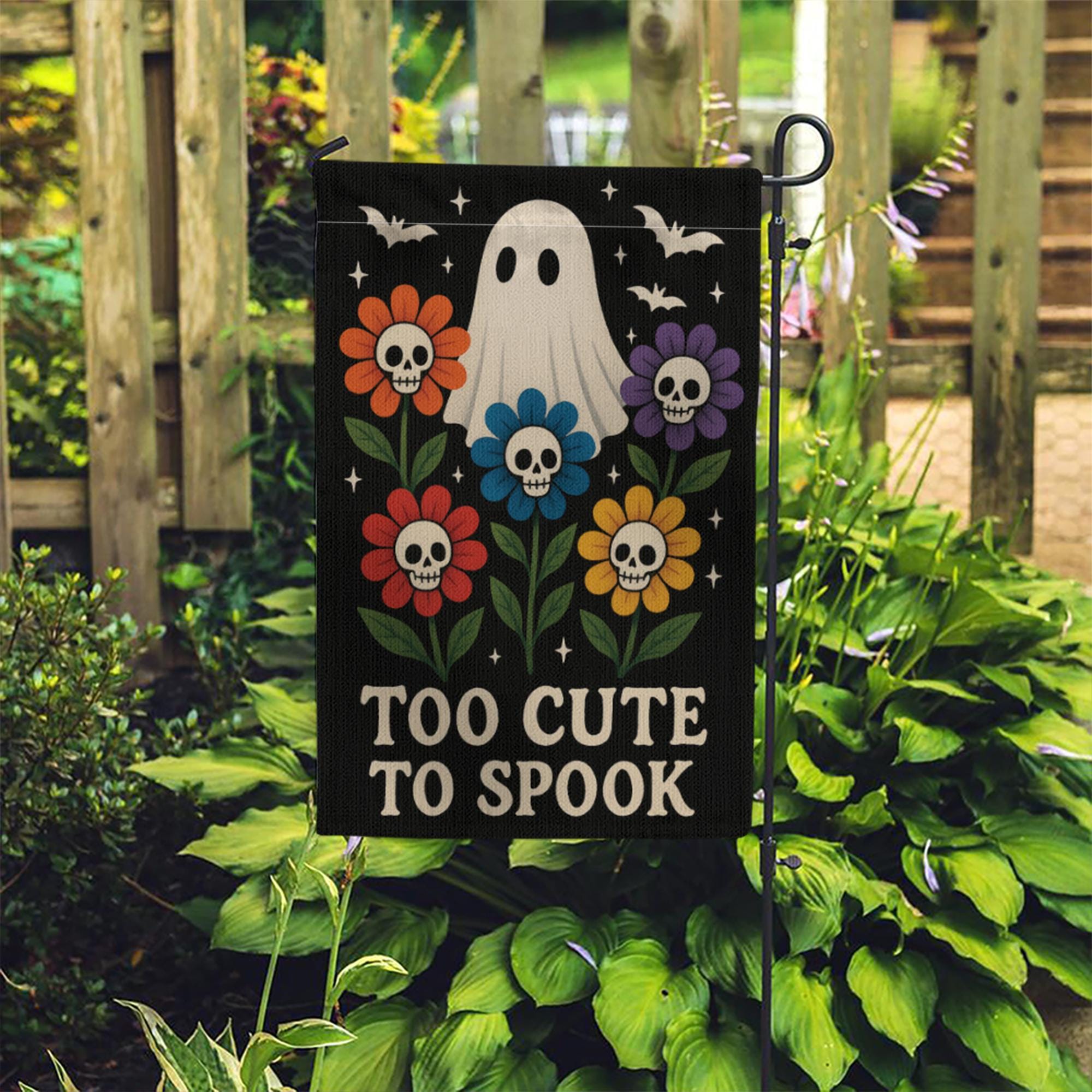 Too Cute to Spook Garden Flag, Halloween Ghost Yard Sign, Floral Skull Outdoor Decor, Cute Spooky Fall Decoration for Garden or Lawn