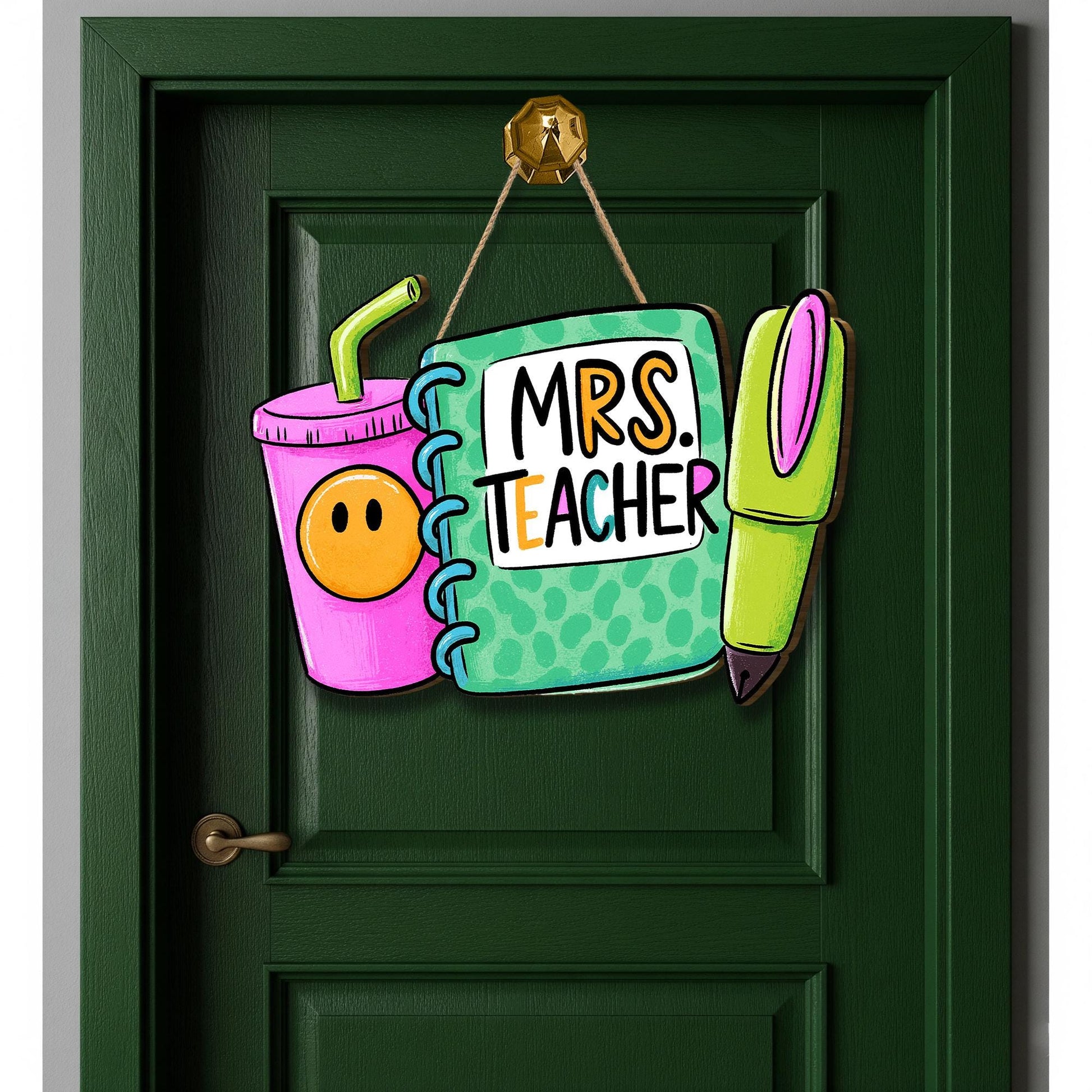 Personalized Teacher Door Sign – Cute Notebook, Pen, Tumbler Classroom Decor, Back to School Gift for Teachers, Custom Name Hanger