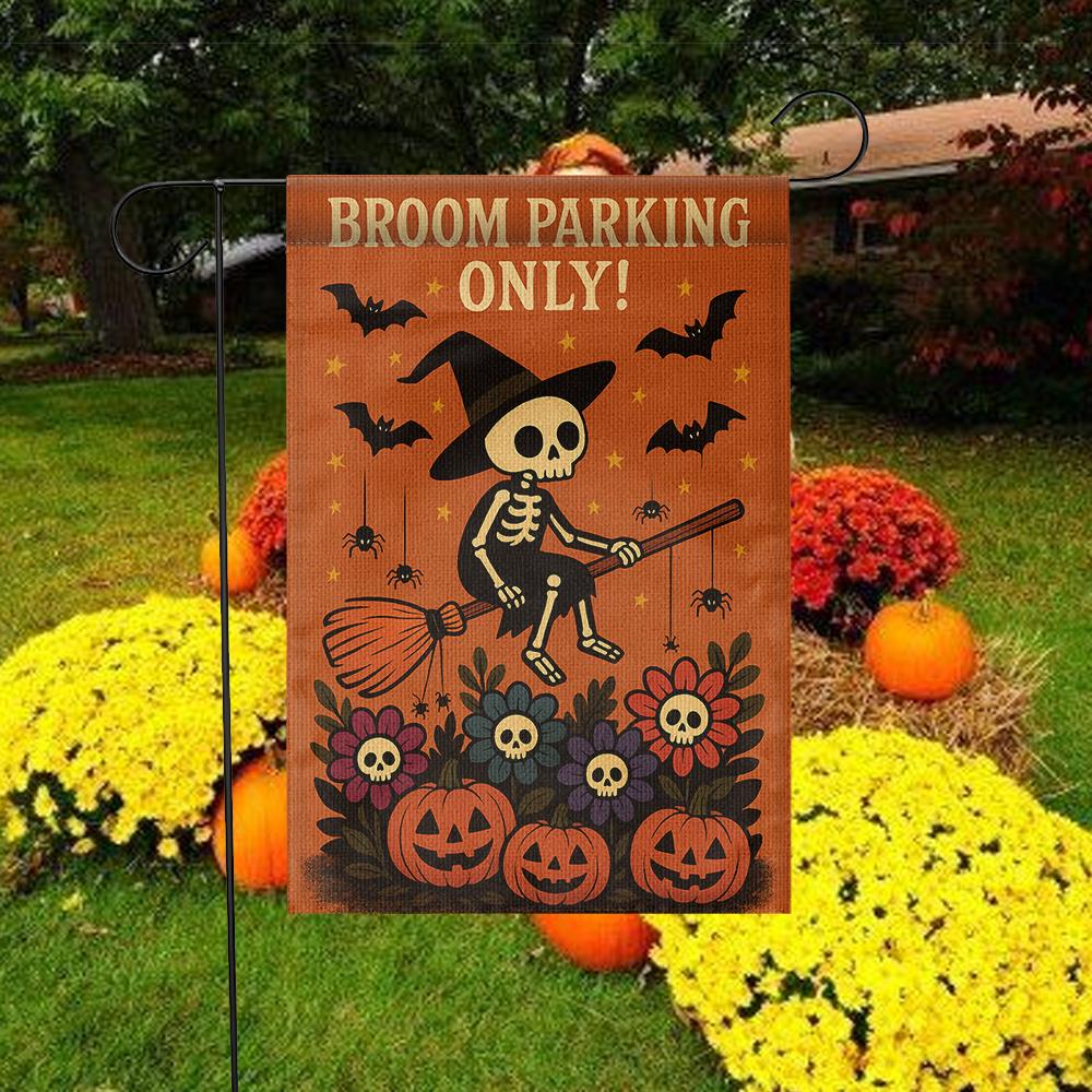 Broom Parking Only Garden Flag, Skeleton Witch Halloween Flag, Pumpkin Skull Outdoor Decor, Spooky Funny Yard Sign for Fall