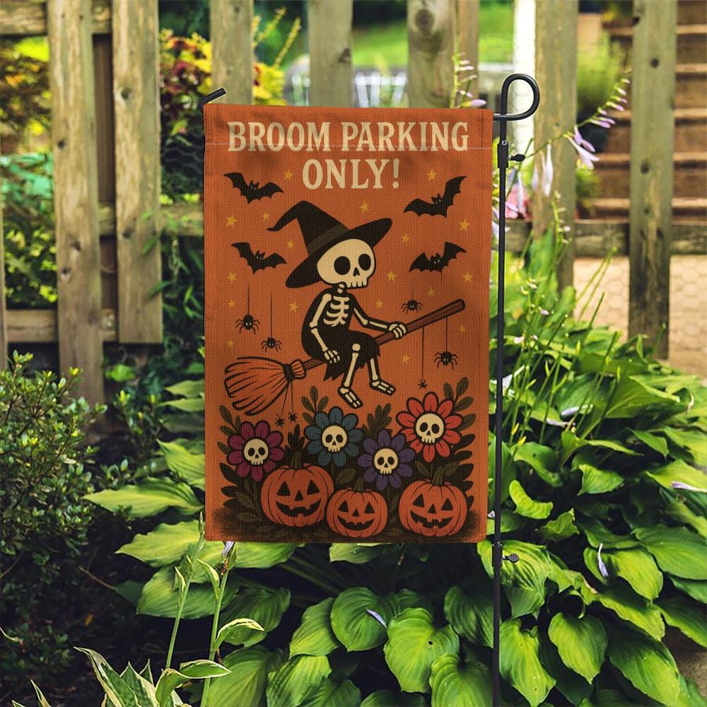 Broom Parking Only Garden Flag, Skeleton Witch Halloween Flag, Pumpkin Skull Outdoor Decor, Spooky Funny Yard Sign for Fall