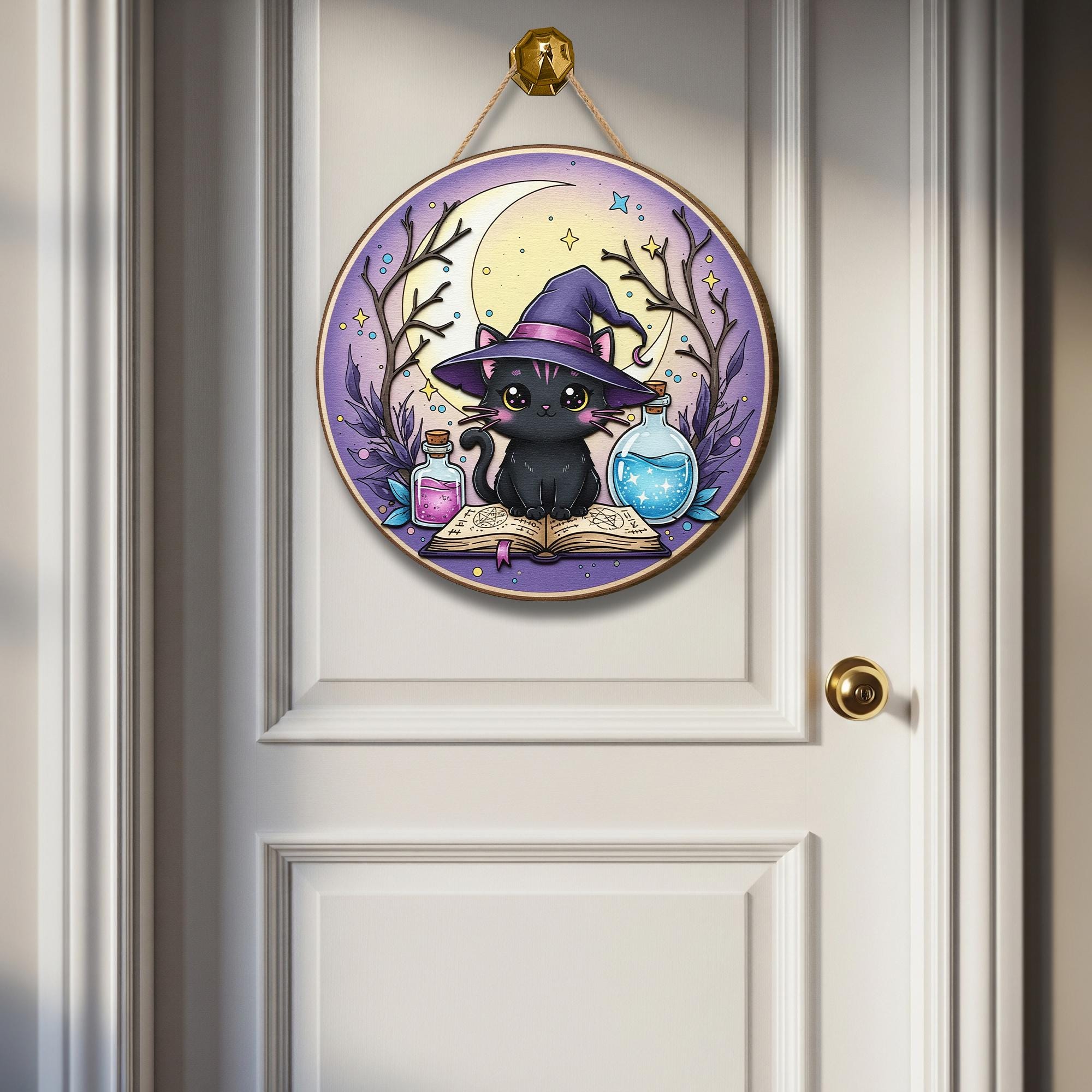 Adorable Witchy Black Cat Wooden Sign, Mystical Moon Decor, Halloween Home Accent, Whimsical Feline Art, Potion Bottle