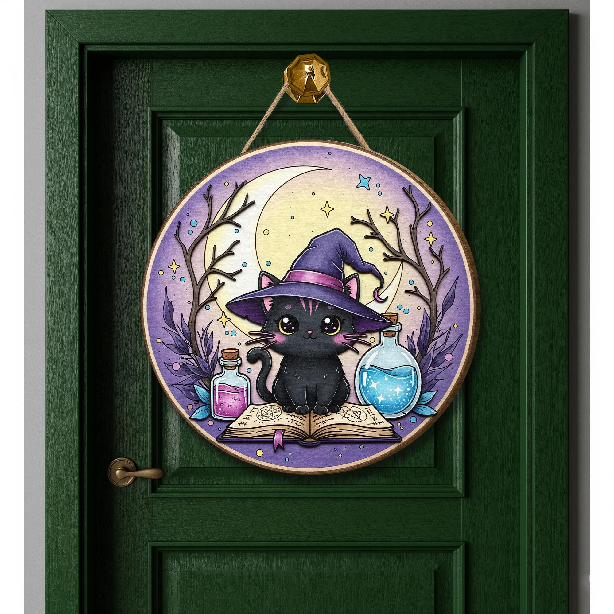 Adorable Witchy Black Cat Wooden Sign, Mystical Moon Decor, Halloween Home Accent, Whimsical Feline Art, Potion Bottle