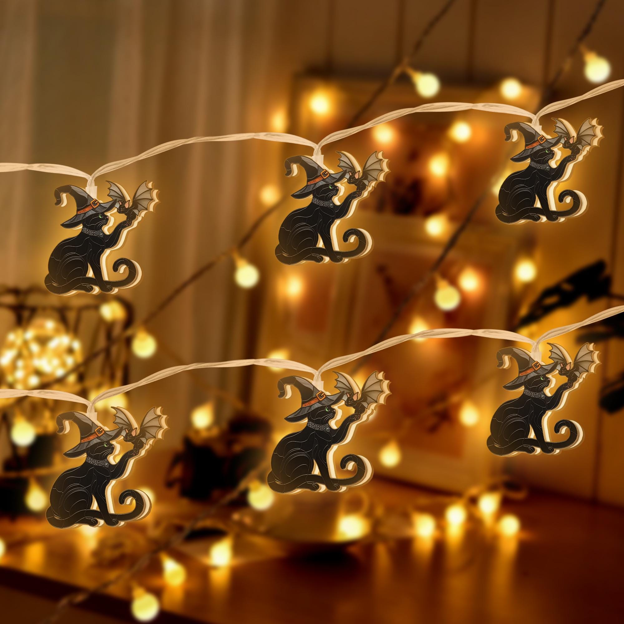 Halloween Cat String Lights – Witch Black Cat Fairy Lights for Spooky Decor, Indoor Halloween Room Lighting, Fall Party Garland
