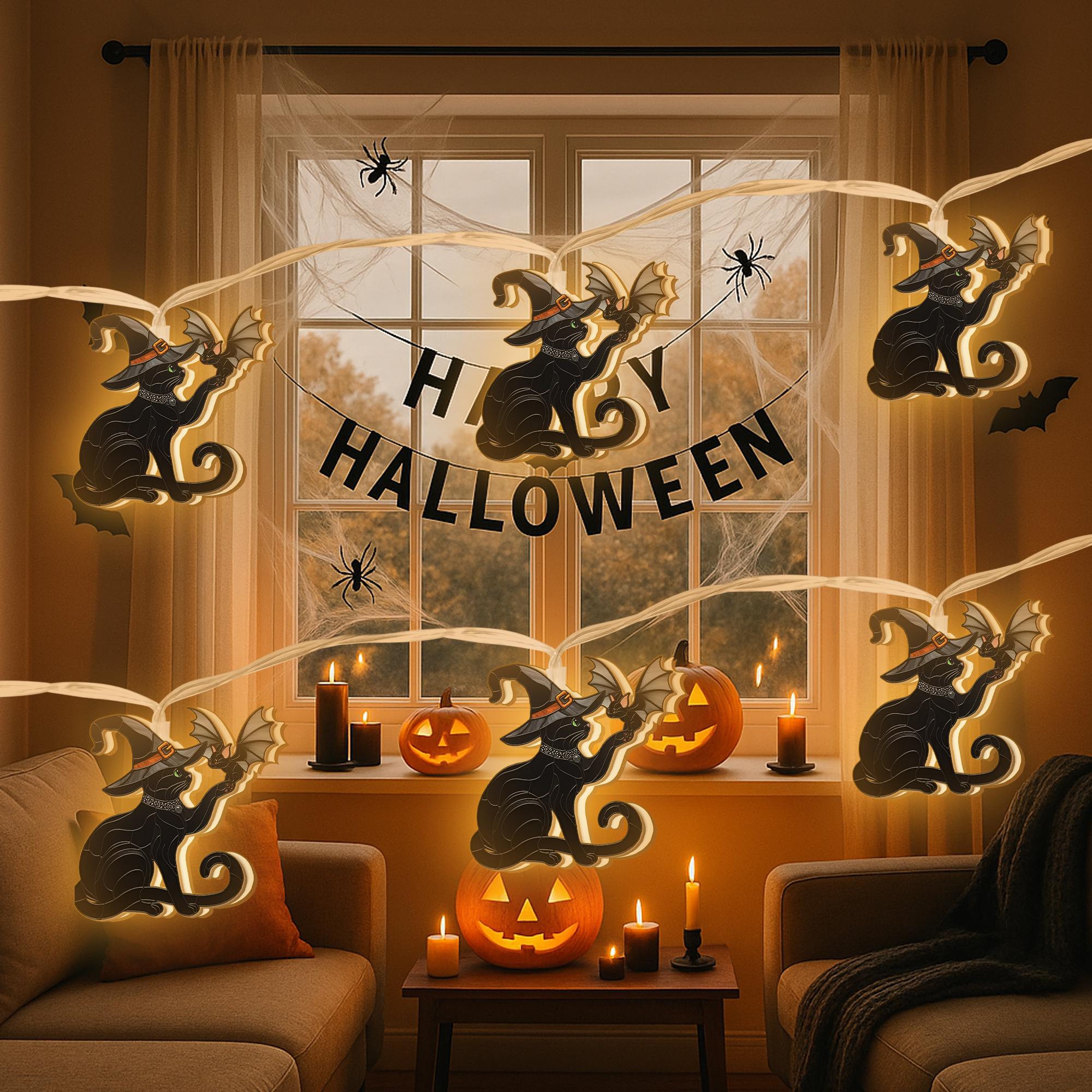 Halloween Cat String Lights – Witch Black Cat Fairy Lights for Spooky Decor, Indoor Halloween Room Lighting, Fall Party Garland