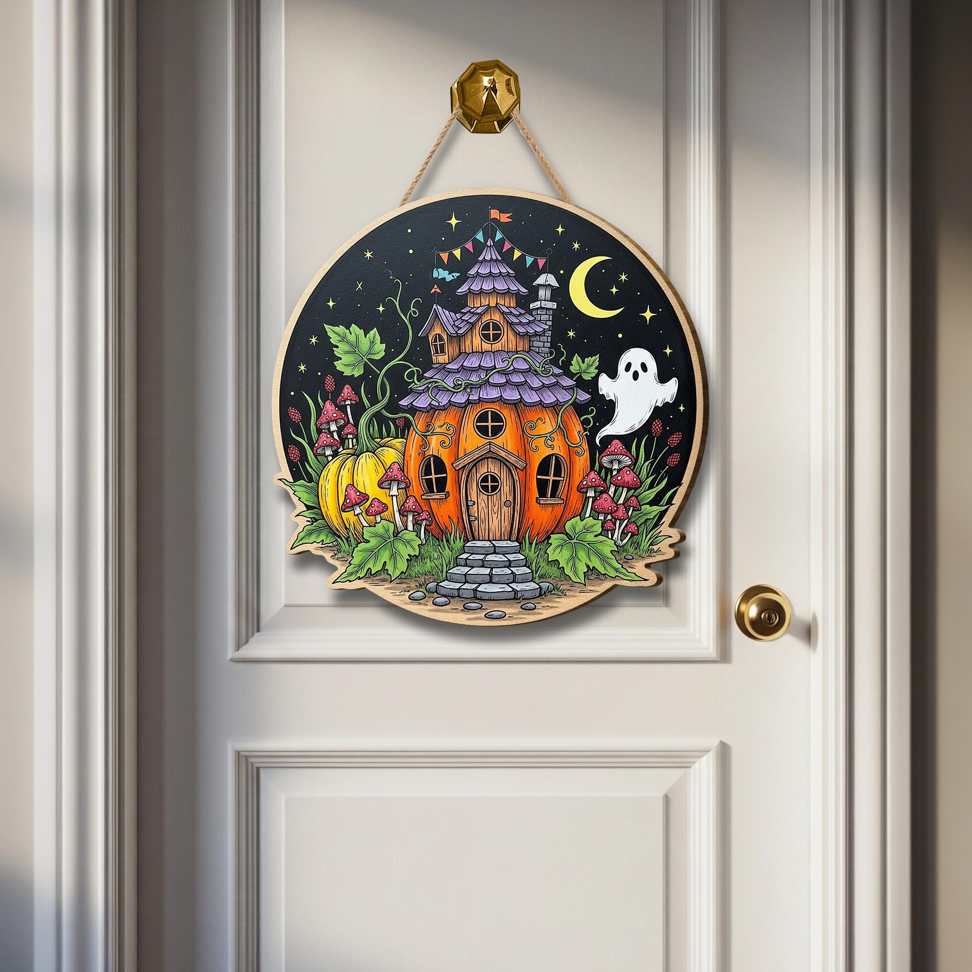 Whimsical Halloween Pumpkin House Wooden Sign, Spooky Cute Ghost Decor, Autumn Harvest Wall Art, Enchanted Cottage Hanger