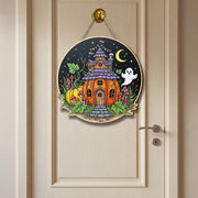 Whimsical Halloween Pumpkin House Wooden Sign, Spooky Cute Ghost Decor, Autumn Harvest Wall Art, Enchanted Cottage Hanger