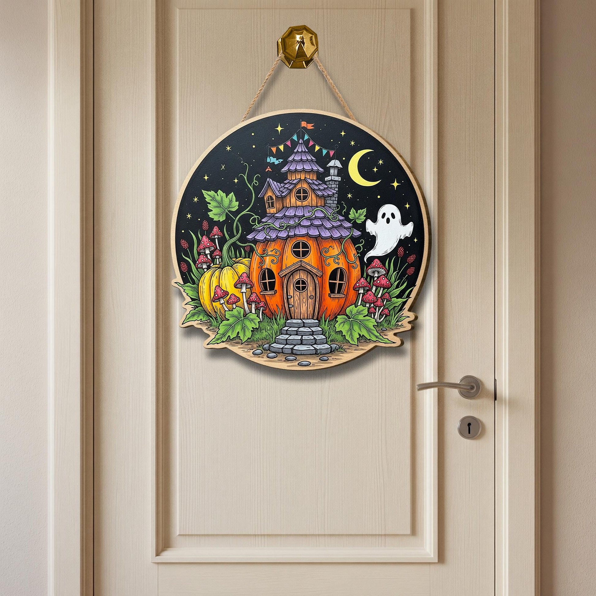 Whimsical Halloween Pumpkin House Wooden Sign, Spooky Cute Ghost Decor, Autumn Harvest Wall Art, Enchanted Cottage Hanger