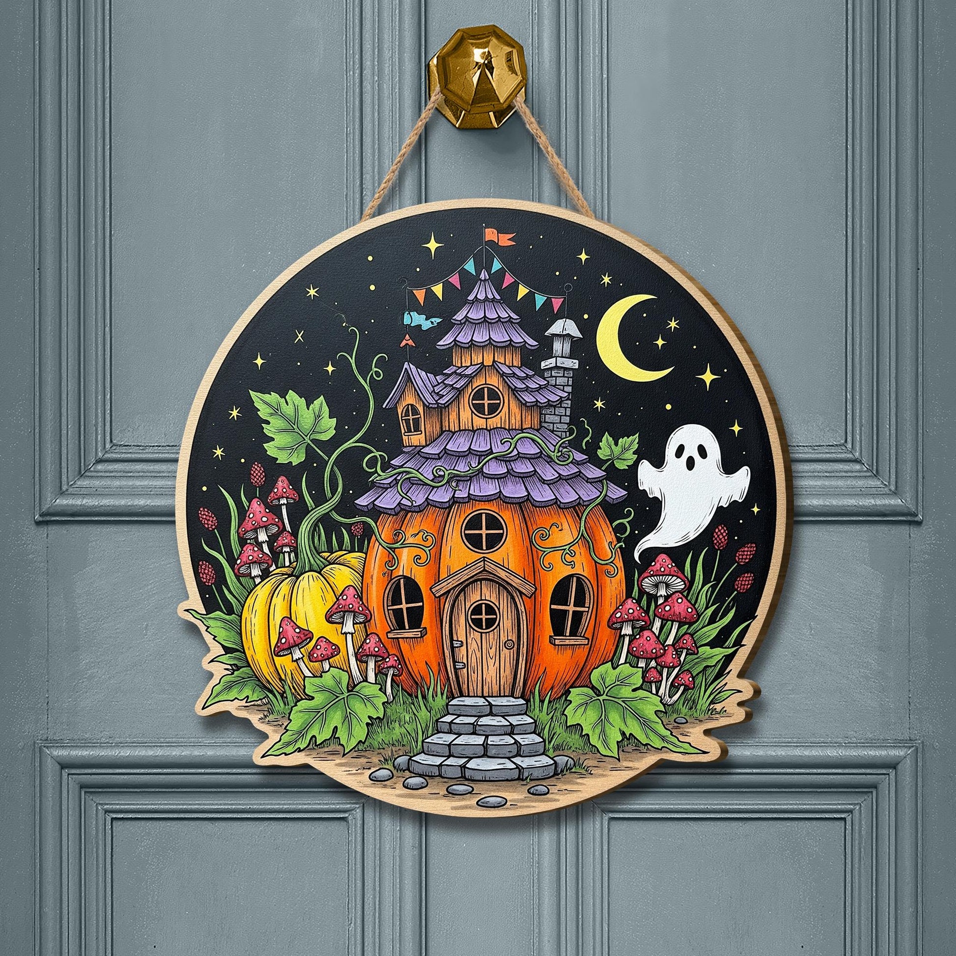 Whimsical Halloween Pumpkin House Wooden Sign, Spooky Cute Ghost Decor, Autumn Harvest Wall Art, Enchanted Cottage Hanger