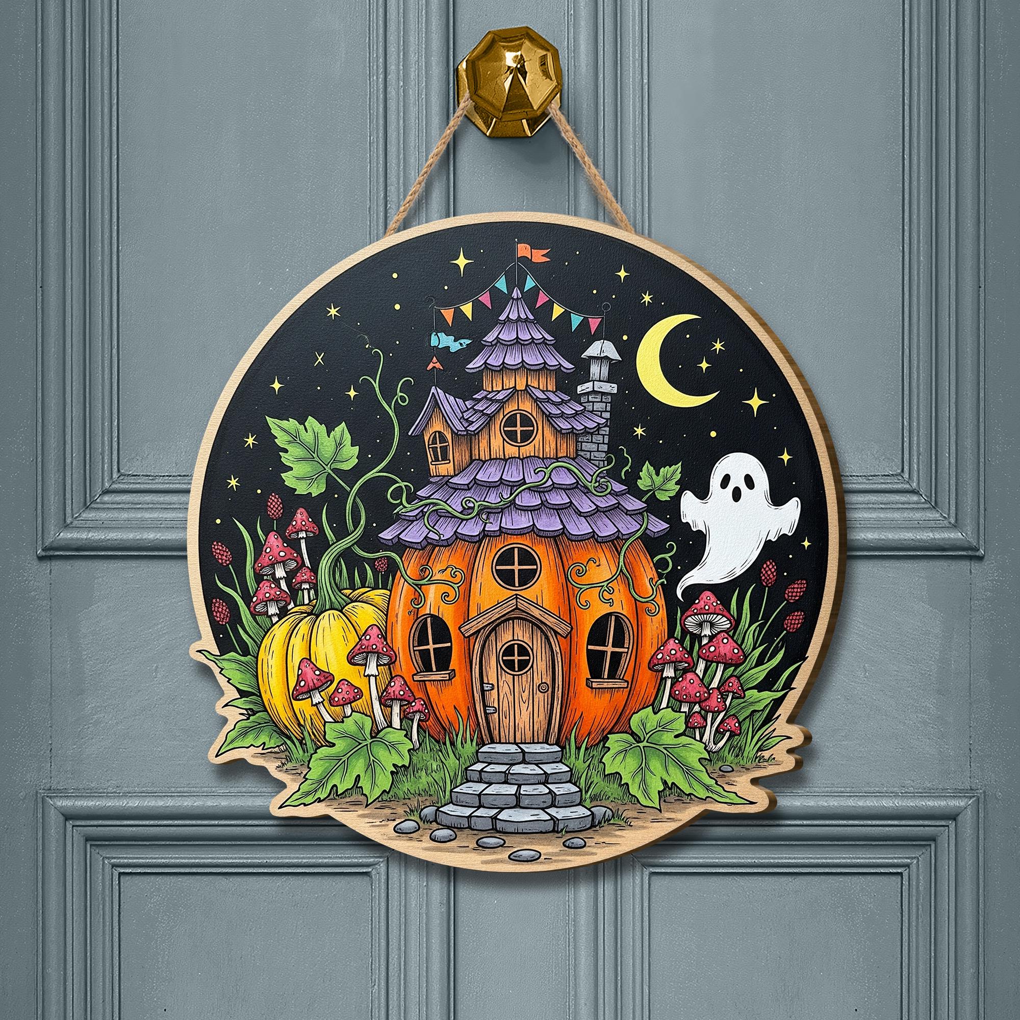 Whimsical Halloween Pumpkin House Wooden Sign, Spooky Cute Ghost Decor, Autumn Harvest Wall Art, Enchanted Cottage Hanger