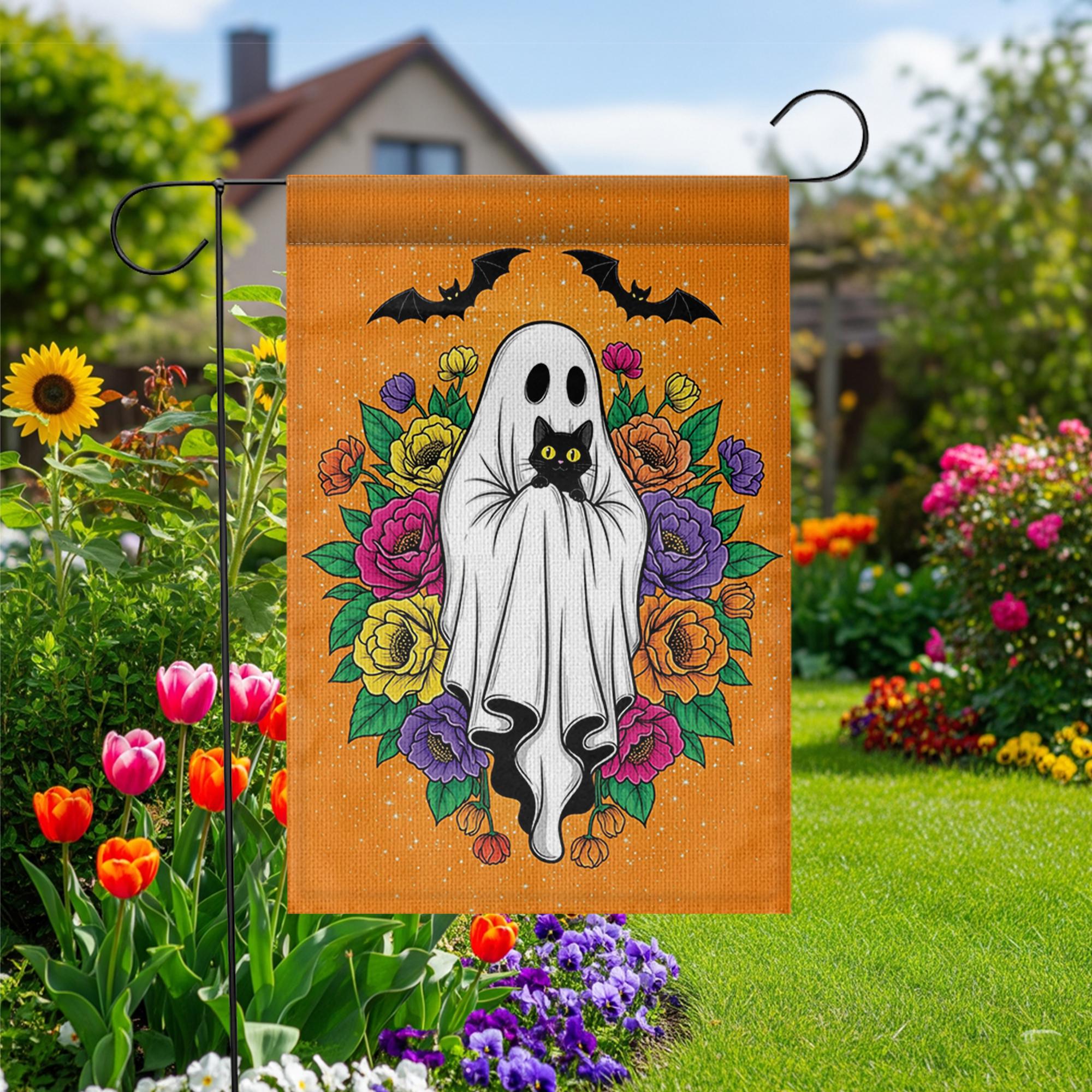 Halloween Ghost Garden Flag with Black Cat, Floral Design – Spooky Cute Outdoor Yard Decor, Fall Halloween Porch Decoration, Black Cat Decor