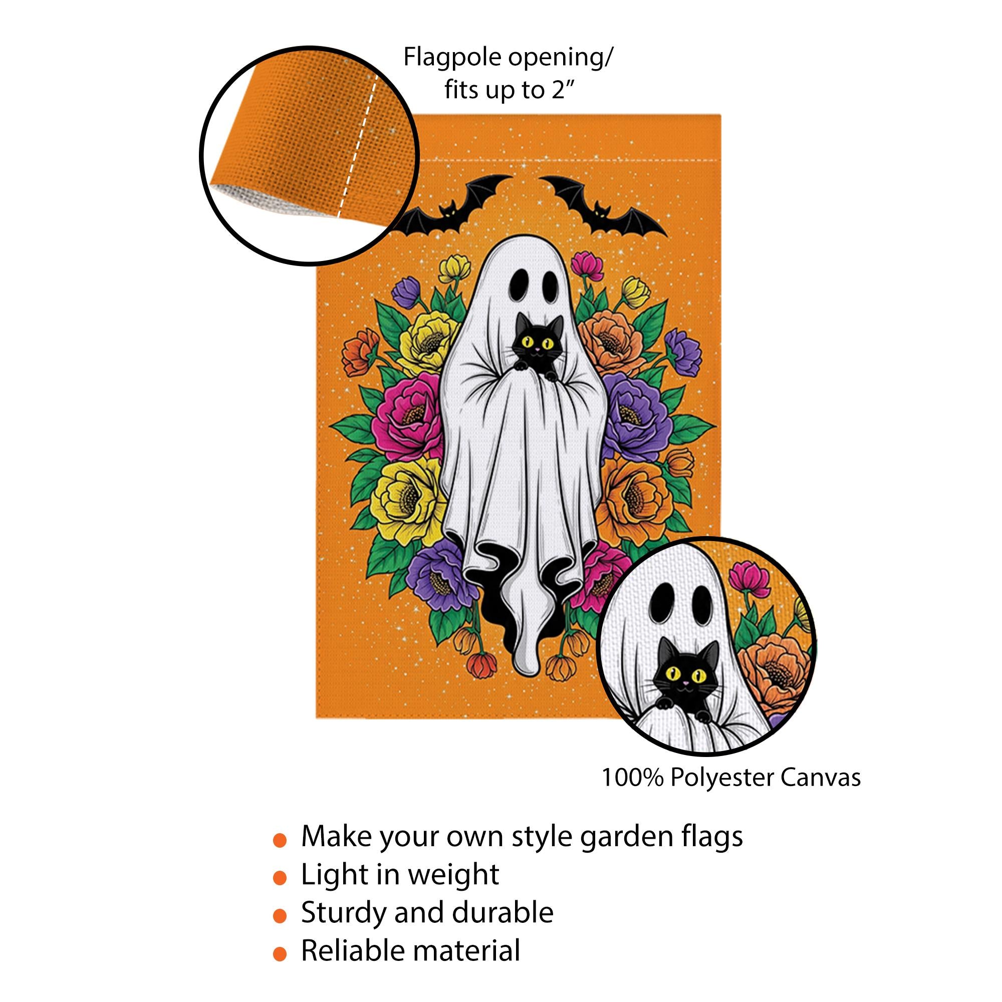 Halloween Ghost Garden Flag with Black Cat, Floral Design – Spooky Cute Outdoor Yard Decor, Fall Halloween Porch Decoration, Black Cat Decor