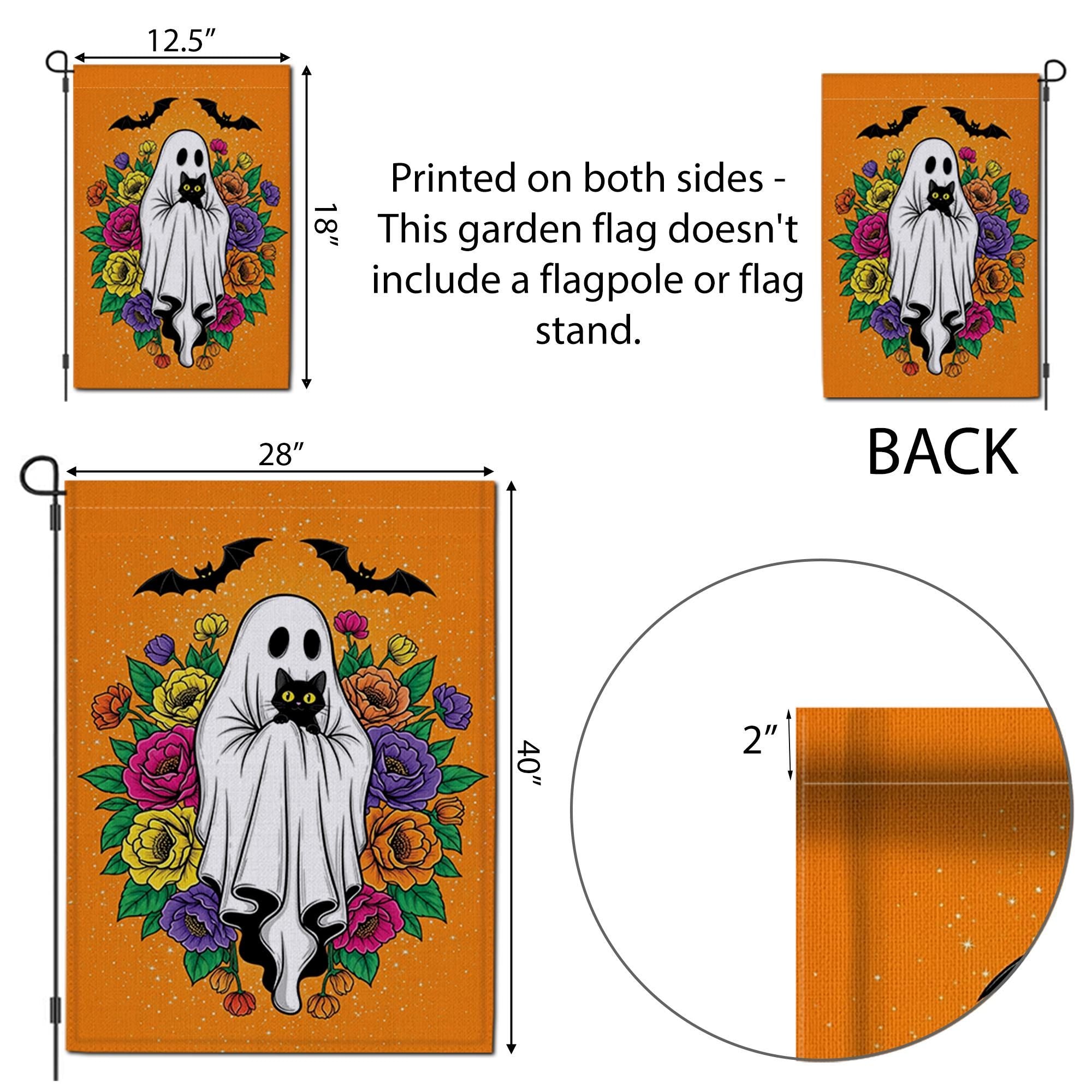 Halloween Ghost Garden Flag with Black Cat, Floral Design – Spooky Cute Outdoor Yard Decor, Fall Halloween Porch Decoration, Black Cat Decor