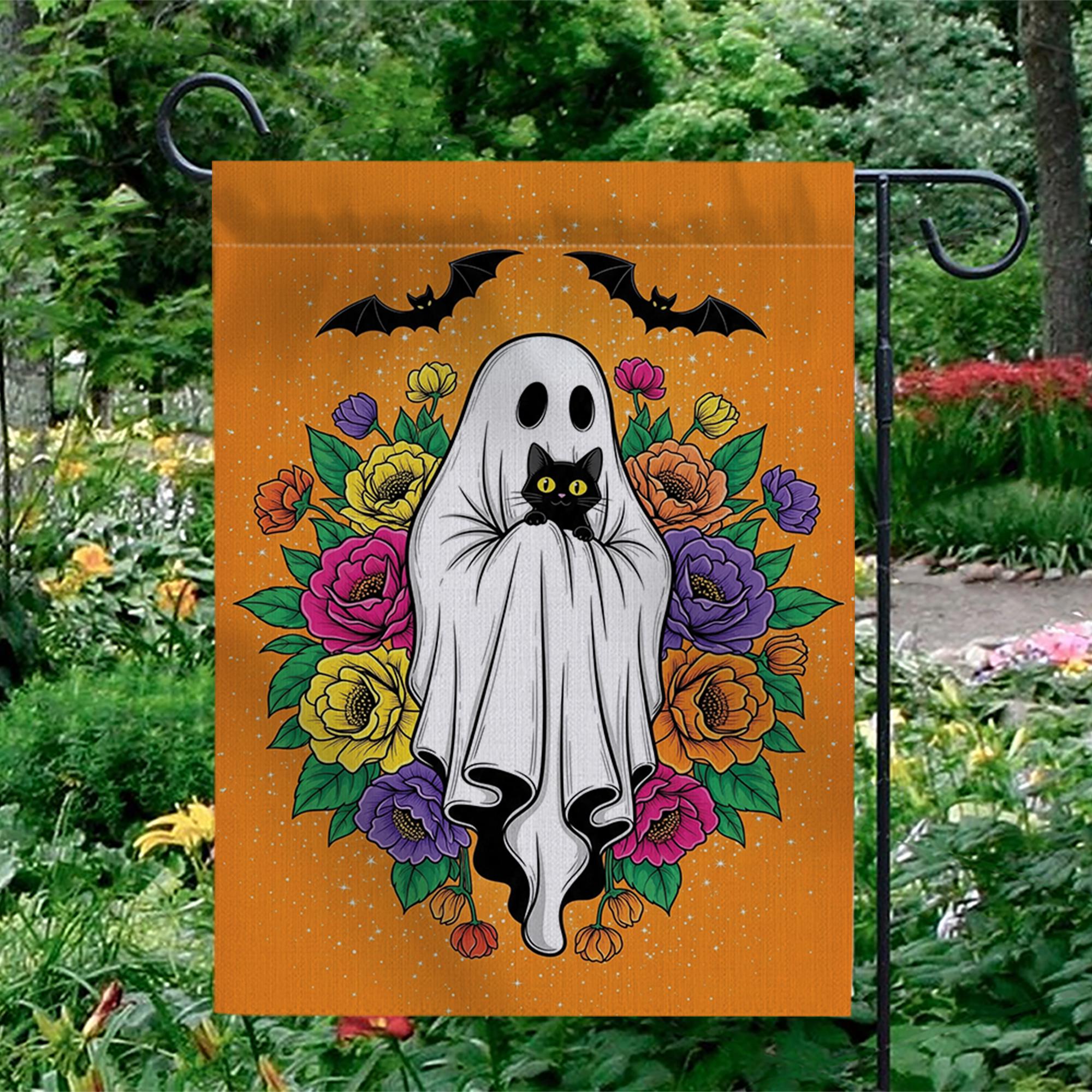 Halloween Ghost Garden Flag with Black Cat, Floral Design – Spooky Cute Outdoor Yard Decor, Fall Halloween Porch Decoration, Black Cat Decor