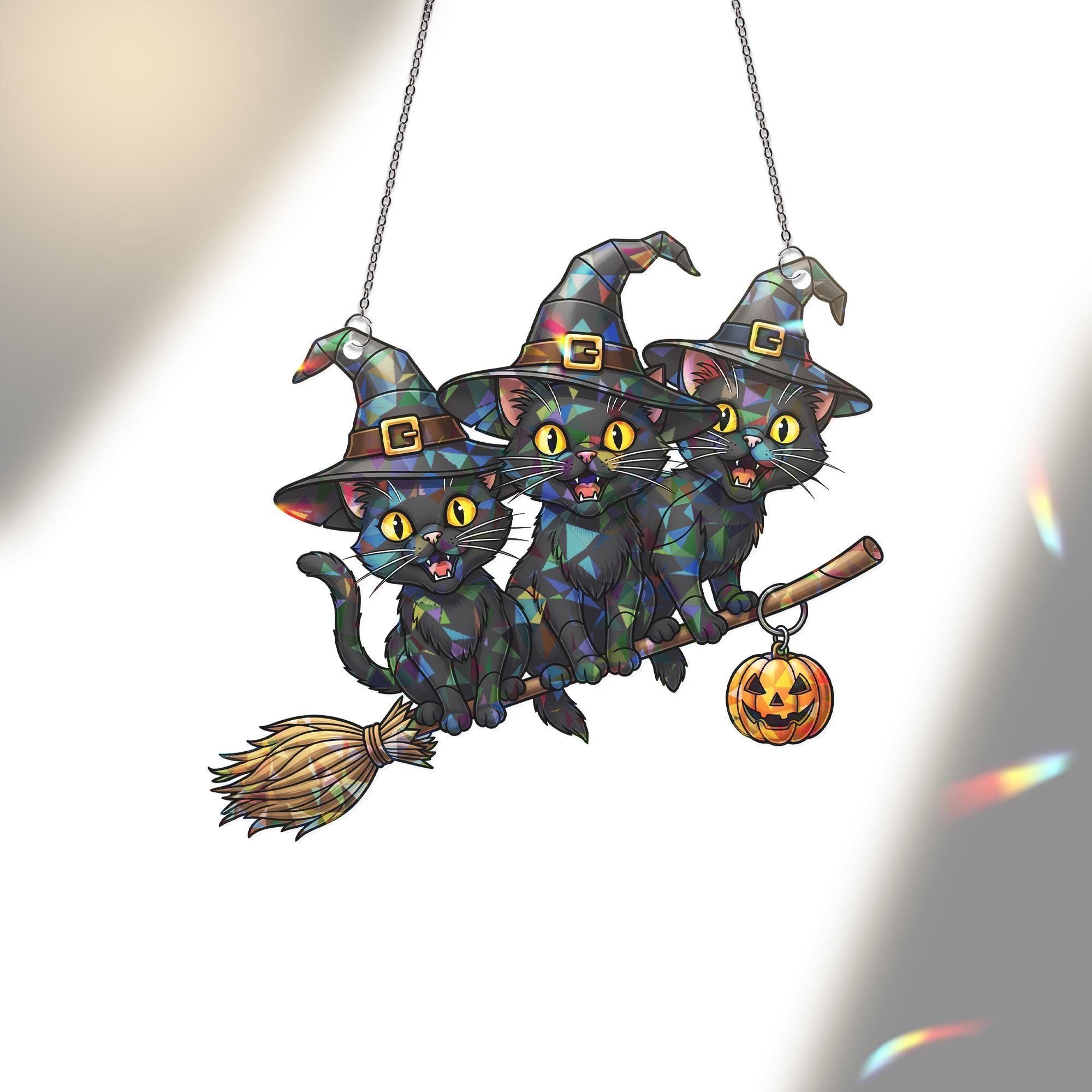 Trio of Witch Cats Suncatcher, Halloween Window Decor, Stained Glass Style Art, Black Cat Witchy Gift, Spooky Home Accent