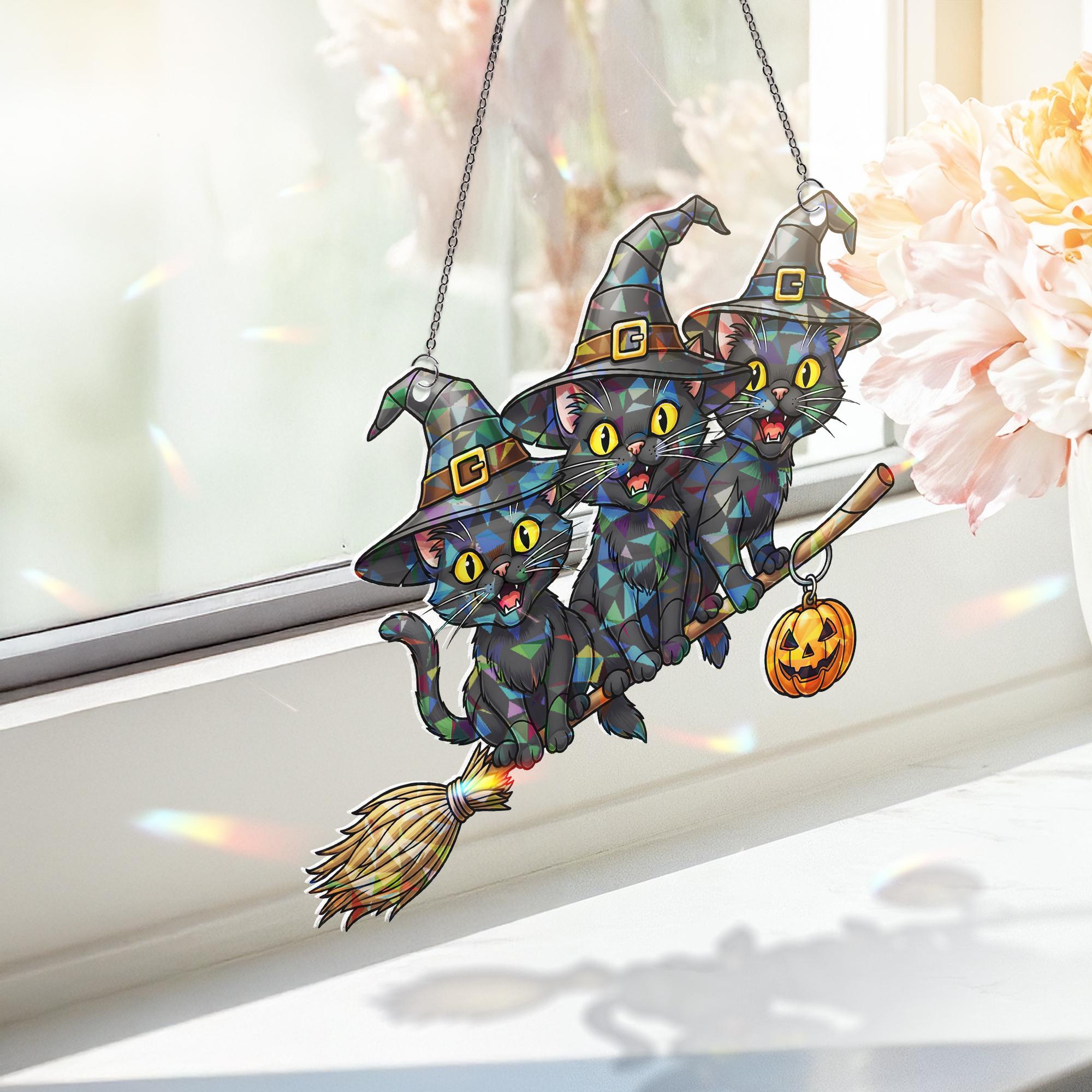 Trio of Witch Cats Suncatcher, Halloween Window Decor, Stained Glass Style Art, Black Cat Witchy Gift, Spooky Home Accent