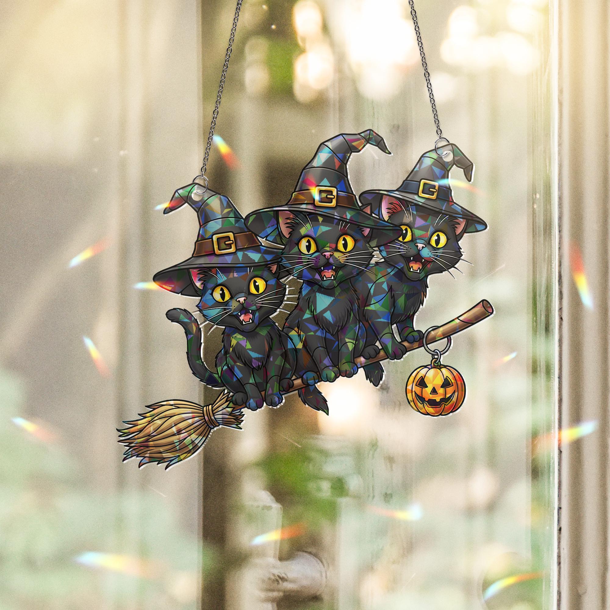 Trio of Witch Cats Suncatcher, Halloween Window Decor, Stained Glass Style Art, Black Cat Witchy Gift, Spooky Home Accent