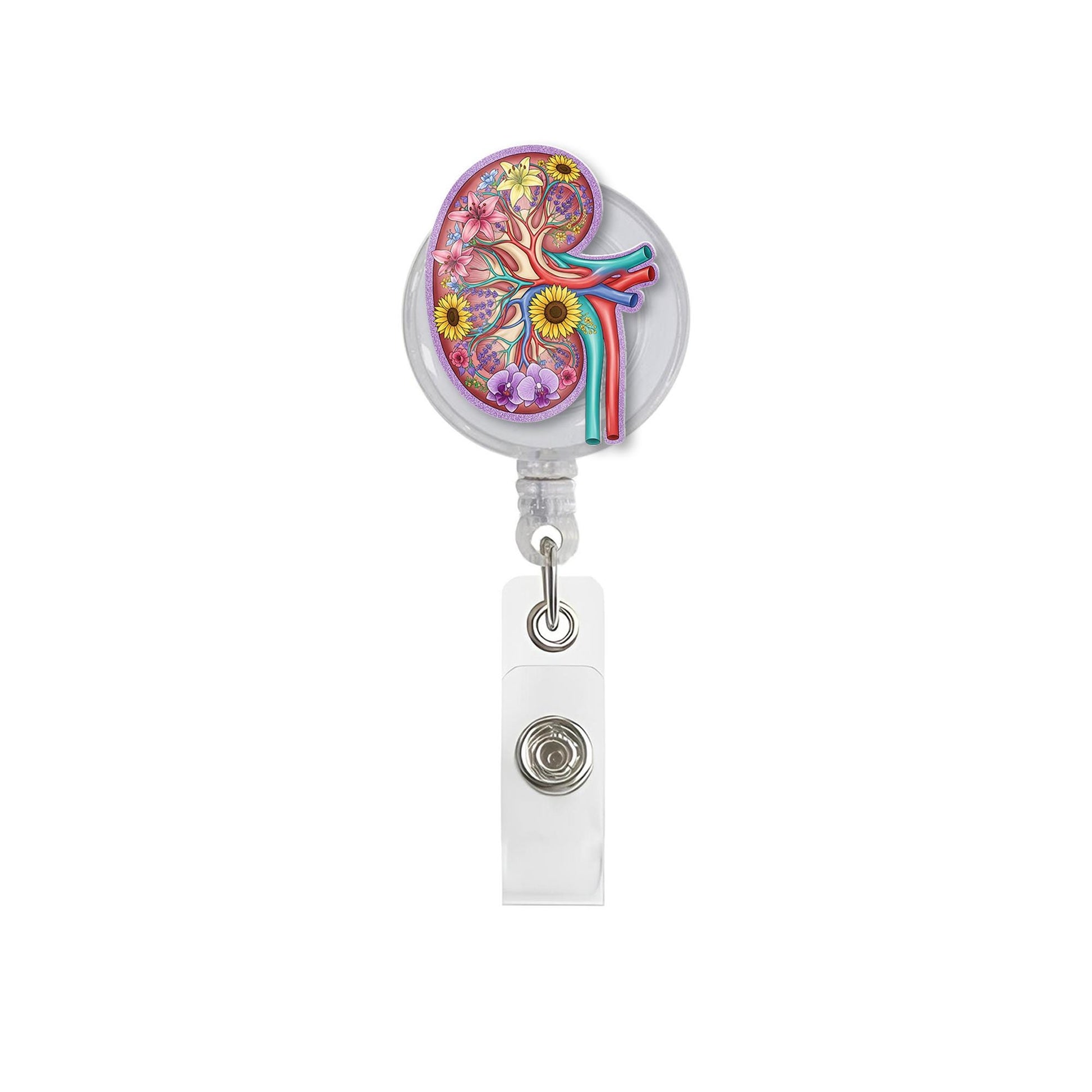 Floral Kidney Badge Reel, Cute Anatomical ID Holder, Nephrology Gift for Nurse or Tech, Medical Retractable Name Tag Clip