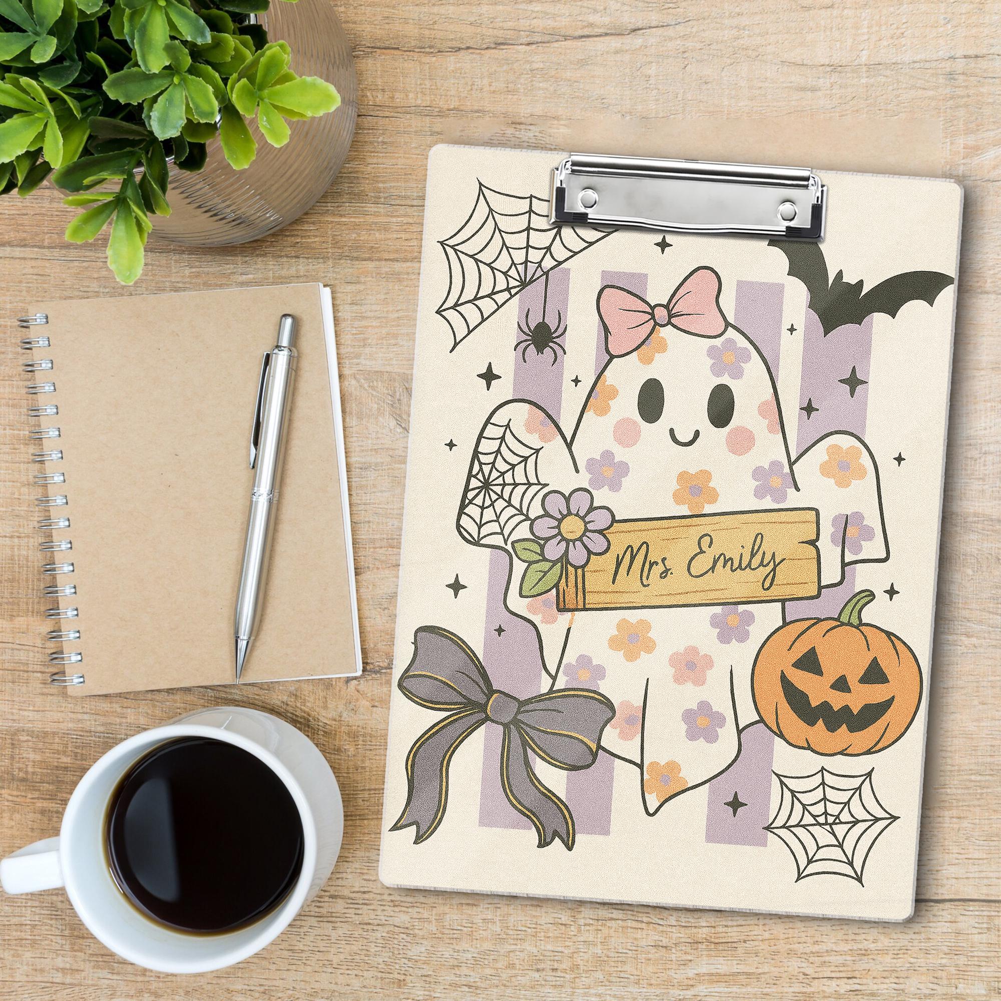 Personalized Halloween Clipboard – Cute Ghost Teacher Name Clipboard, Pastel Fall Classroom Decor, Spooky Teacher Office Supplies