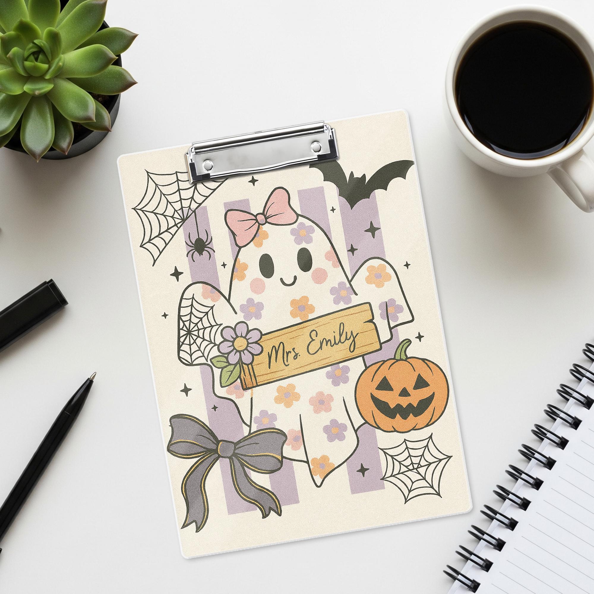 Personalized Halloween Clipboard – Cute Ghost Teacher Name Clipboard, Pastel Fall Classroom Decor, Spooky Teacher Office Supplies