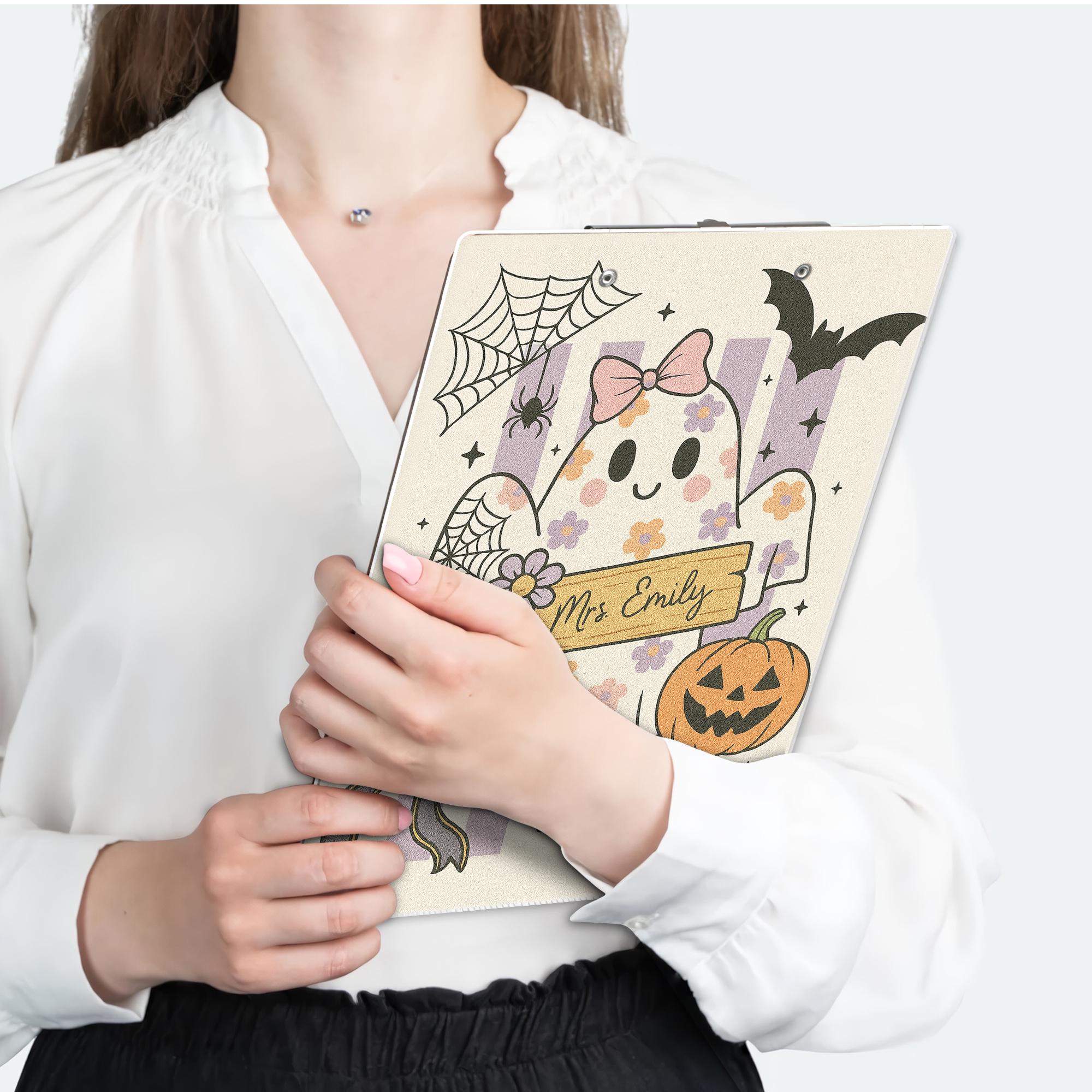 Personalized Halloween Clipboard – Cute Ghost Teacher Name Clipboard, Pastel Fall Classroom Decor, Spooky Teacher Office Supplies