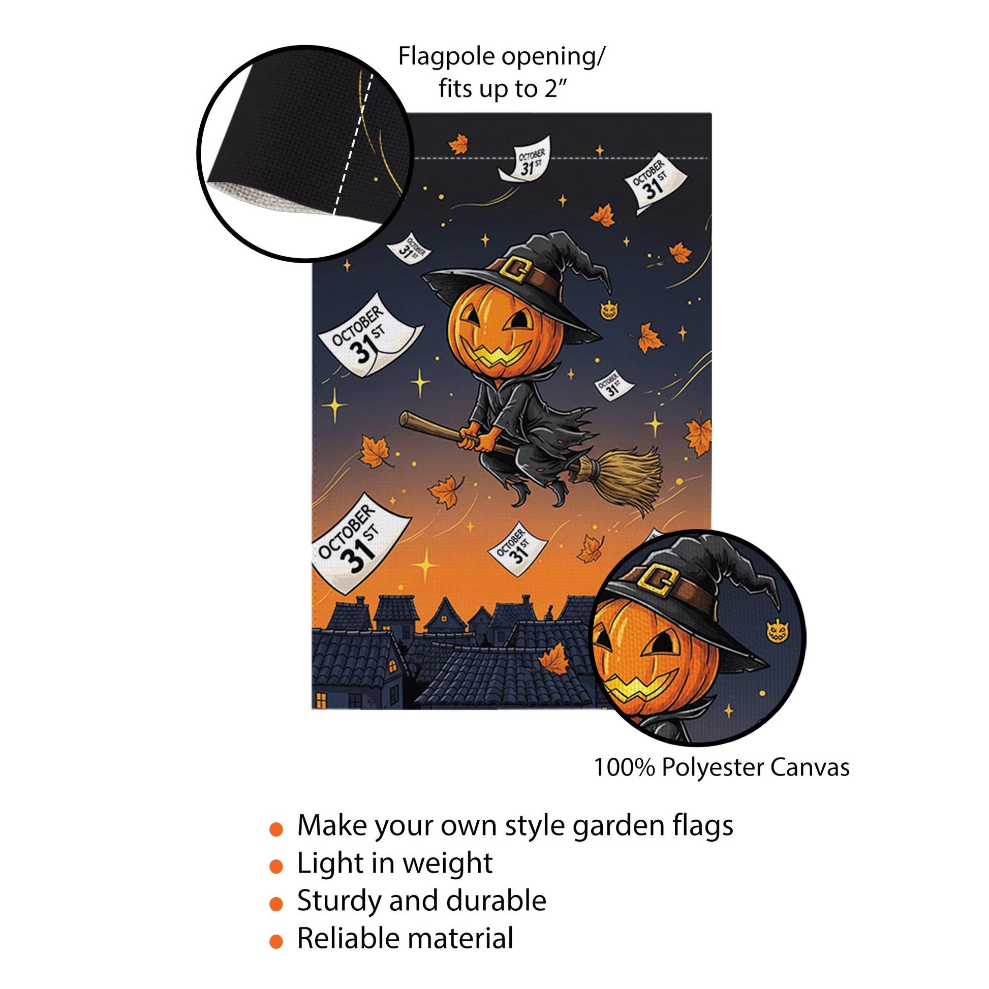 Adorable Witch Pumpkin Garden Flag, Flying Jack-o'-Lantern Yard Decor, October 31st Halloween Banner, Spooky Cute Outdoor Art