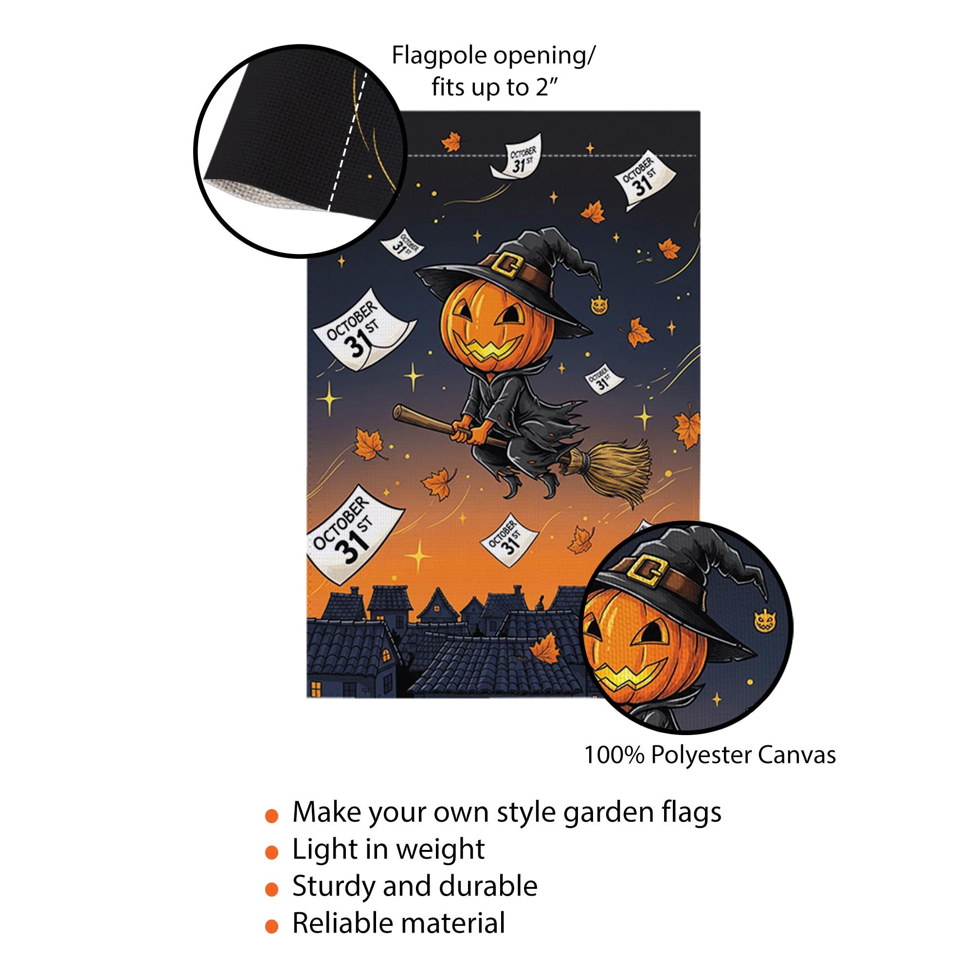 Adorable Witch Pumpkin Garden Flag, Flying Jack-o'-Lantern Yard Decor, October 31st Halloween Banner, Spooky Cute Outdoor Art