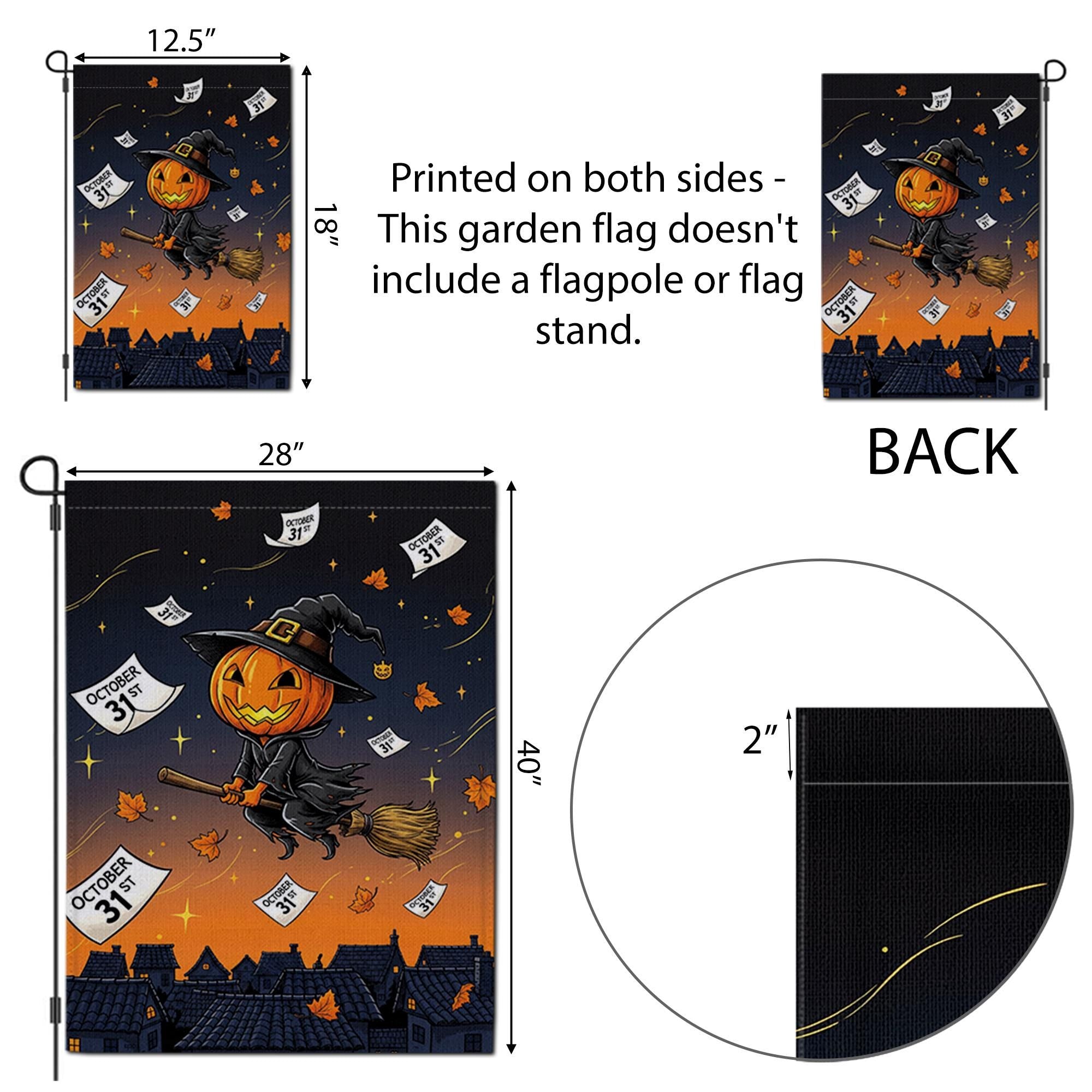 Adorable Witch Pumpkin Garden Flag, Flying Jack-o'-Lantern Yard Decor, October 31st Halloween Banner, Spooky Cute Outdoor Art