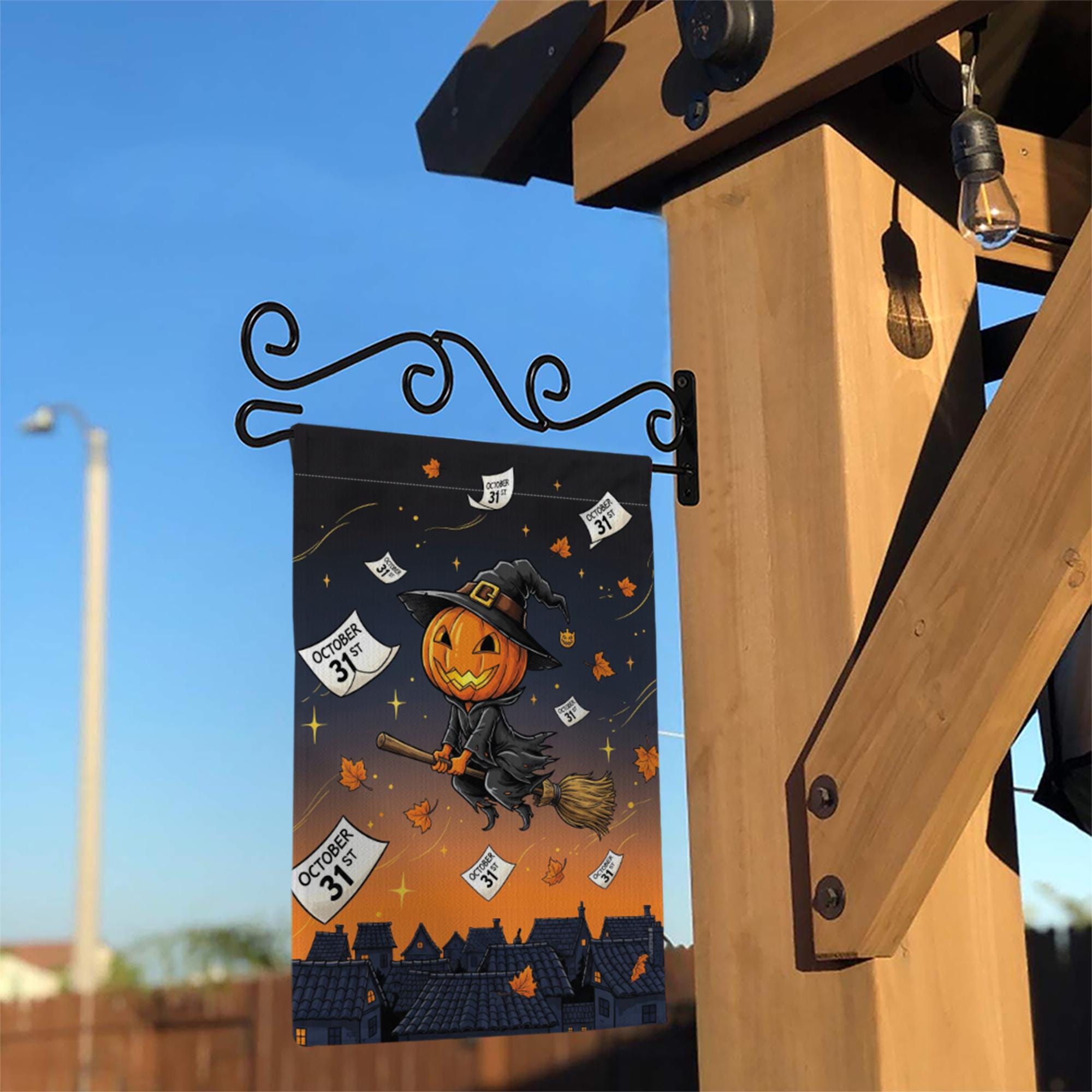 Adorable Witch Pumpkin Garden Flag, Flying Jack-o'-Lantern Yard Decor, October 31st Halloween Banner, Spooky Cute Outdoor Art
