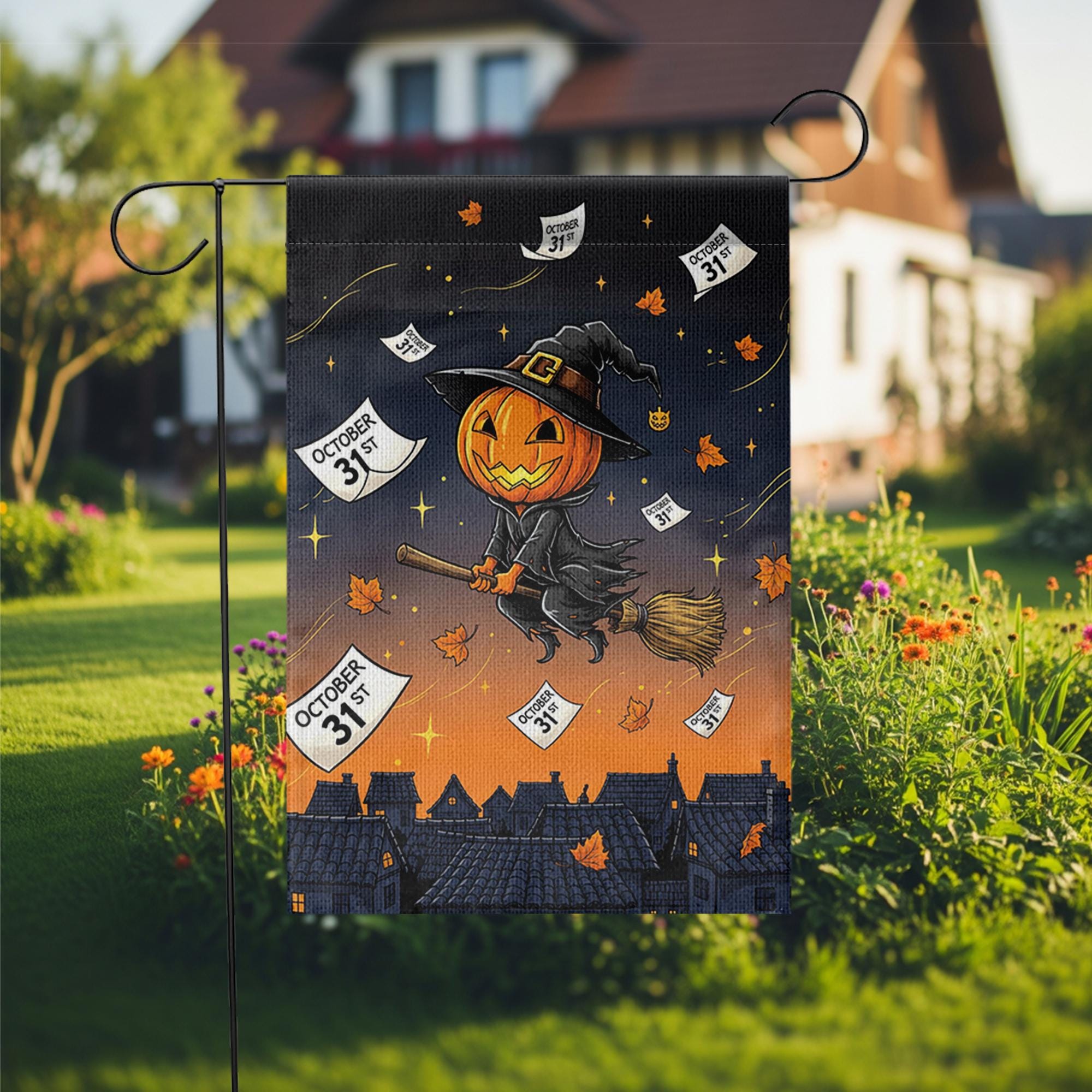 Adorable Witch Pumpkin Garden Flag, Flying Jack-o'-Lantern Yard Decor, October 31st Halloween Banner, Spooky Cute Outdoor Art