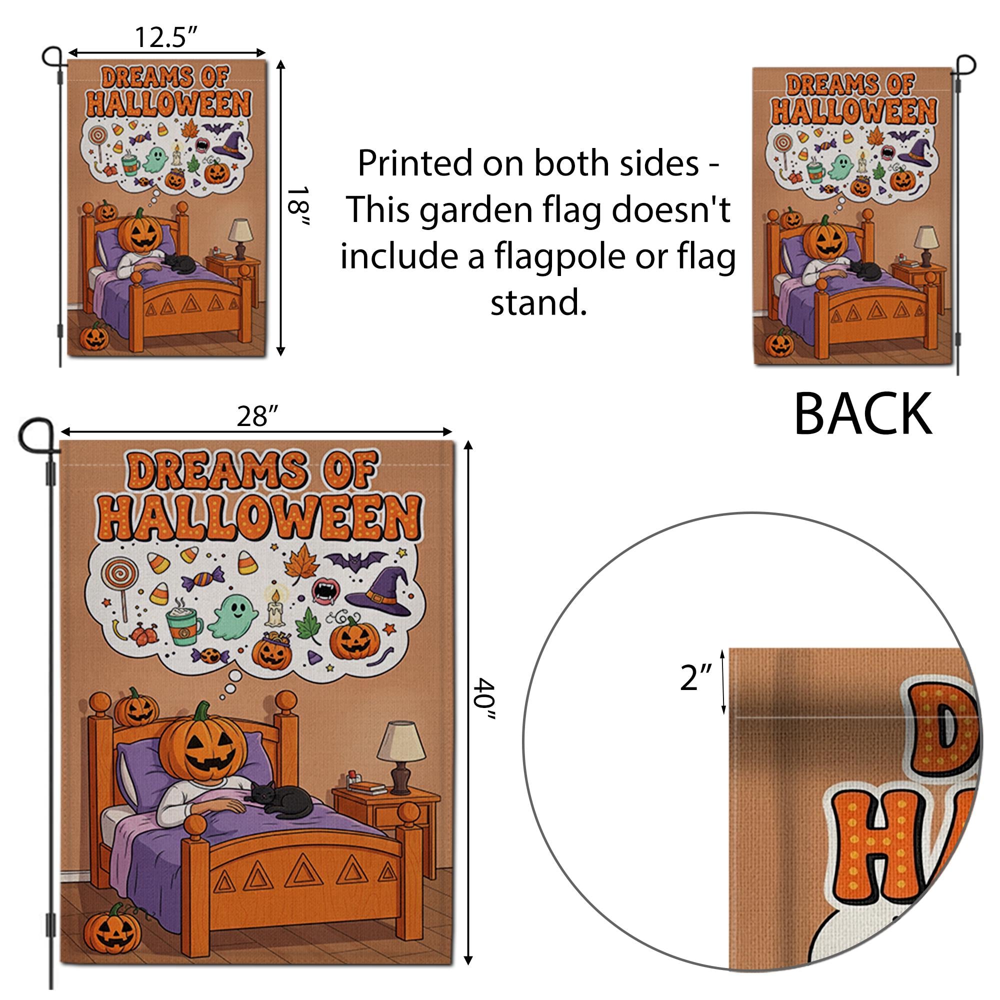 Dreams of Halloween Garden Flag, Cute Pumpkin in Bed Yard Decor, Spooky Sweet Outdoor Banner, Whimsical Fall Welcome