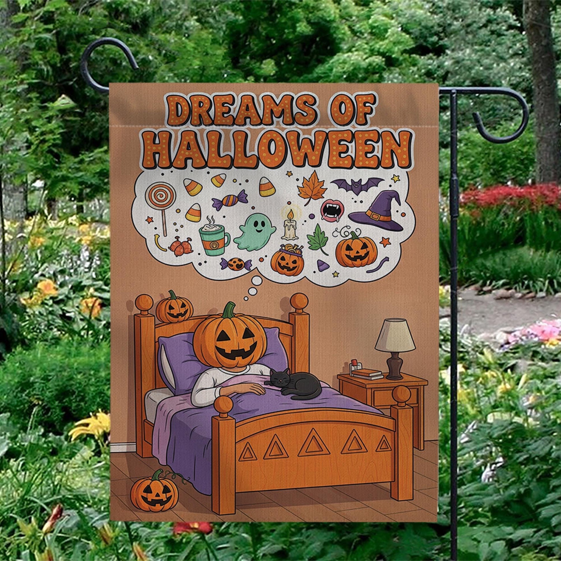Dreams of Halloween Garden Flag, Cute Pumpkin in Bed Yard Decor, Spooky Sweet Outdoor Banner, Whimsical Fall Welcome