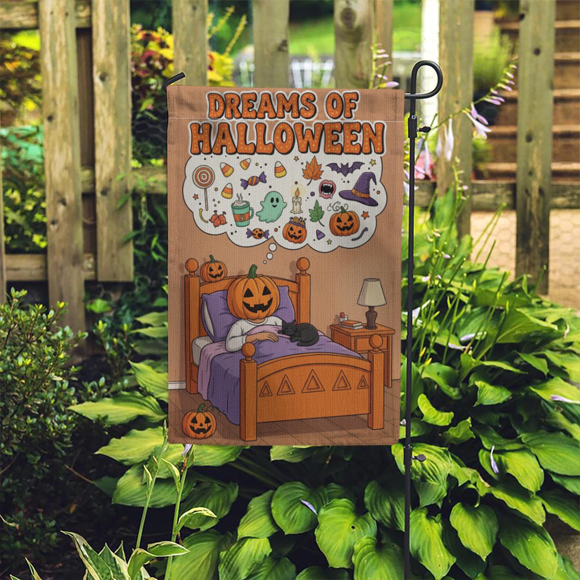Dreams of Halloween Garden Flag, Cute Pumpkin in Bed Yard Decor, Spooky Sweet Outdoor Banner, Whimsical Fall Welcome