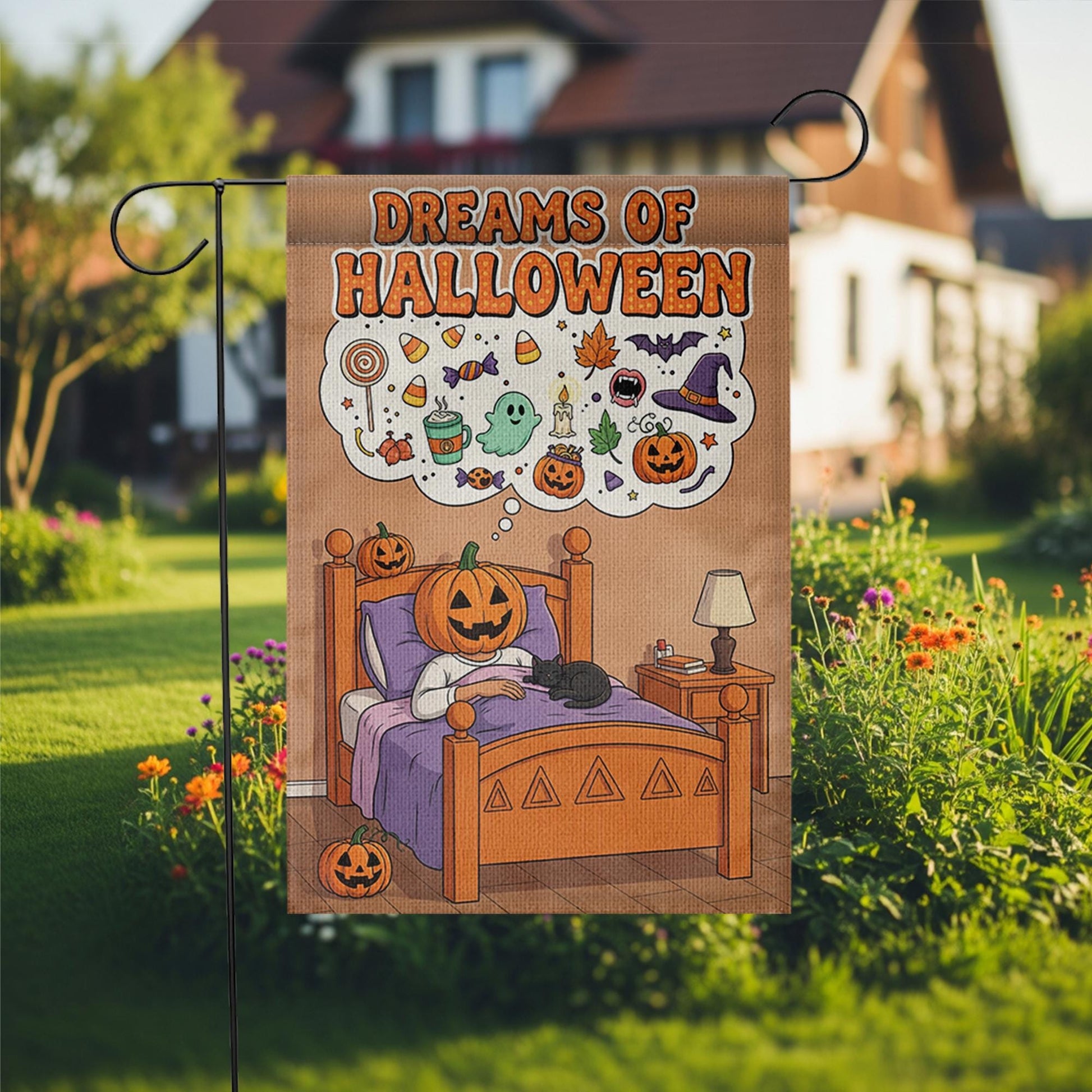 Dreams of Halloween Garden Flag, Cute Pumpkin in Bed Yard Decor, Spooky Sweet Outdoor Banner, Whimsical Fall Welcome