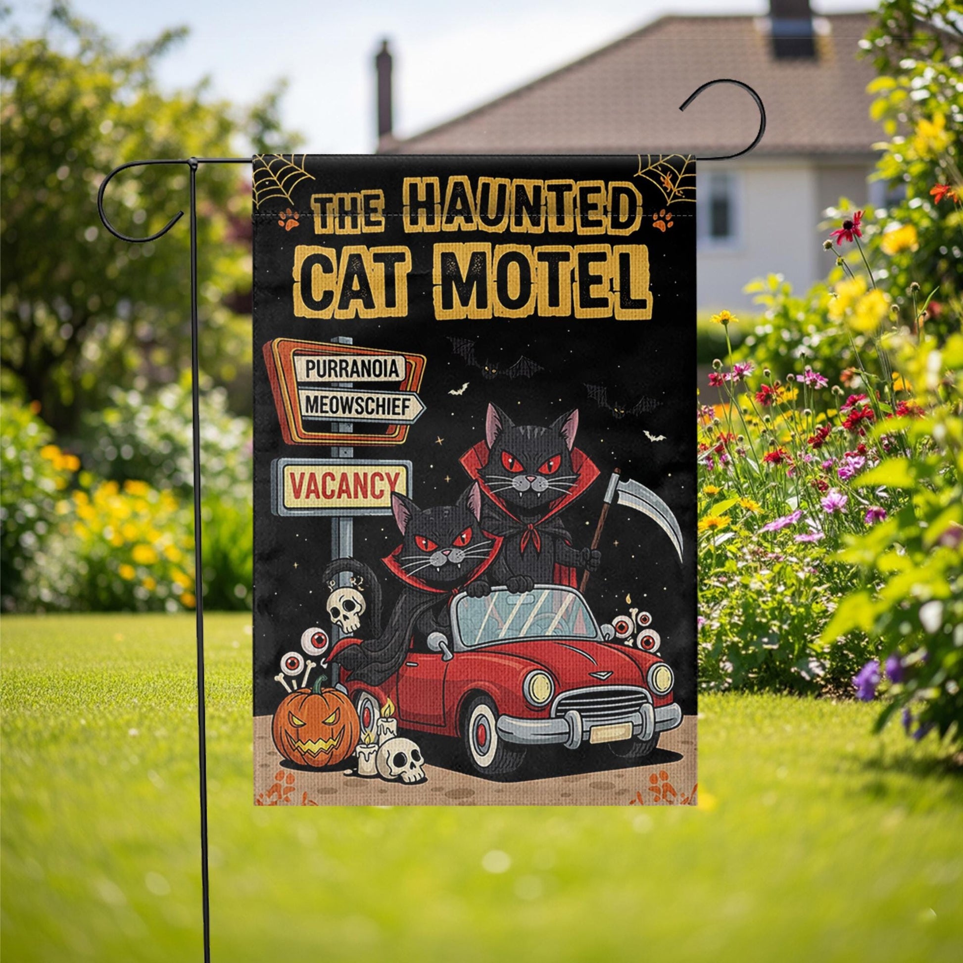 Haunted Cat Motel Flag, Funny Halloween Yard Decor, Vampire Black Cats Banner, Spooky Outdoor Fall Sign, Meow Mischief Flag