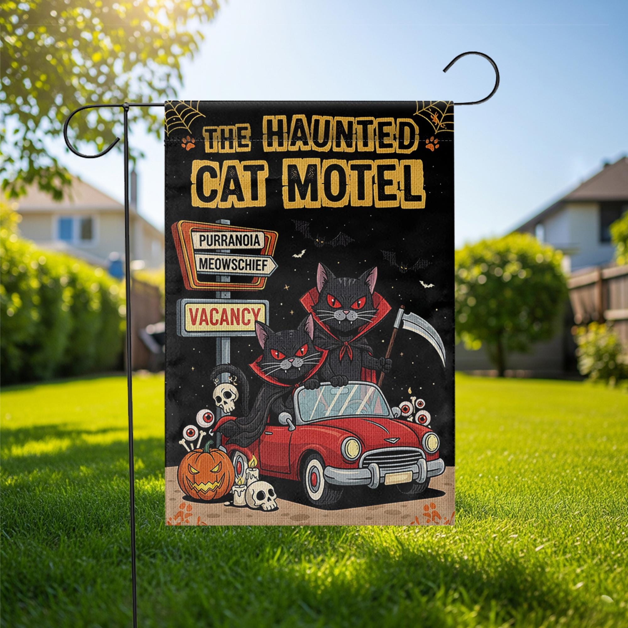 Haunted Cat Motel Flag, Funny Halloween Yard Decor, Vampire Black Cats Banner, Spooky Outdoor Fall Sign, Meow Mischief Flag