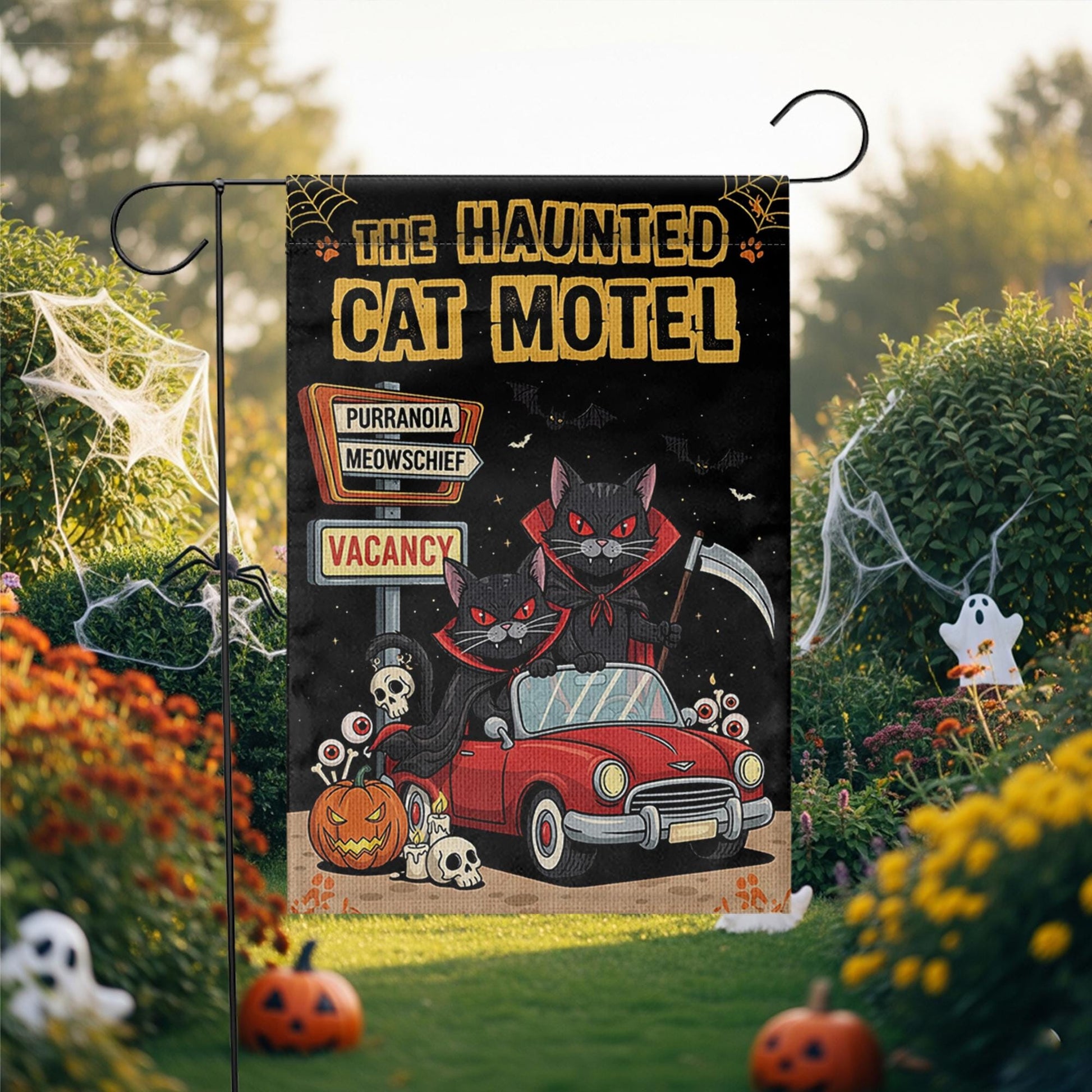 Haunted Cat Motel Flag, Funny Halloween Yard Decor, Vampire Black Cats Banner, Spooky Outdoor Fall Sign, Meow Mischief Flag