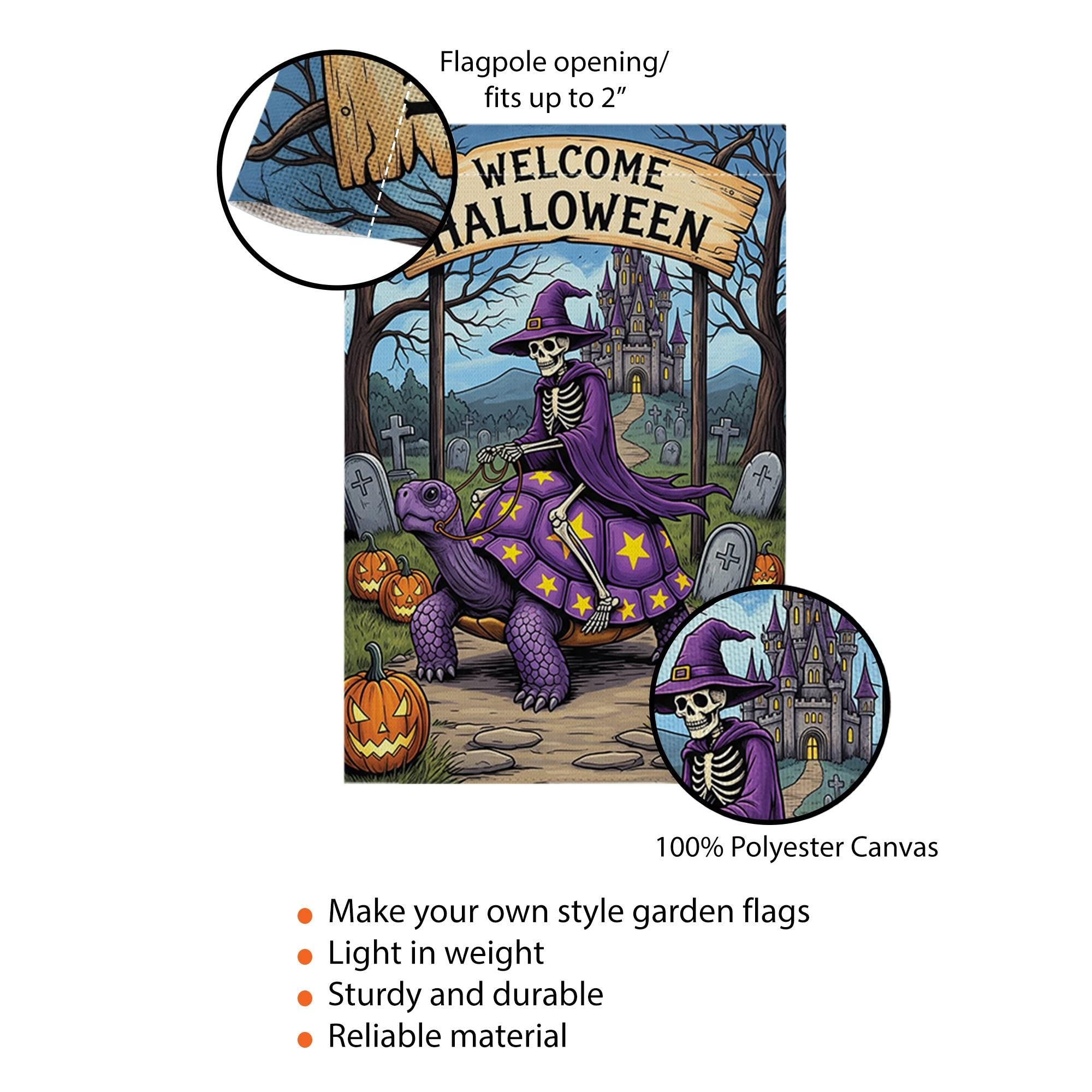 Welcome Halloween Skeleton Witch Turtle Garden Flag, Spooky Fantasy Yard Decor, Unique Halloween Welcome Banner, Gothic Outdoor Art