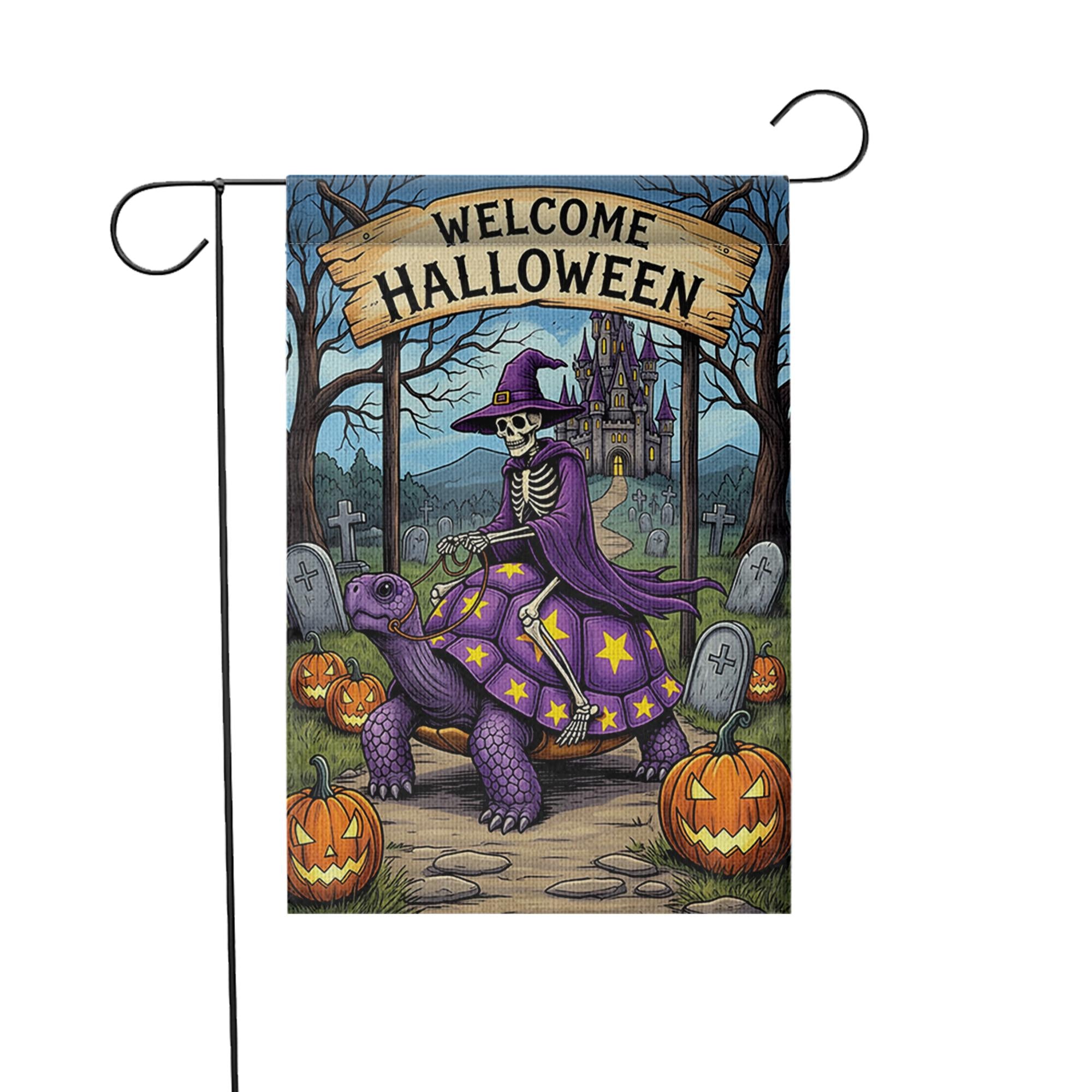Welcome Halloween Skeleton Witch Turtle Garden Flag, Spooky Fantasy Yard Decor, Unique Halloween Welcome Banner, Gothic Outdoor Art