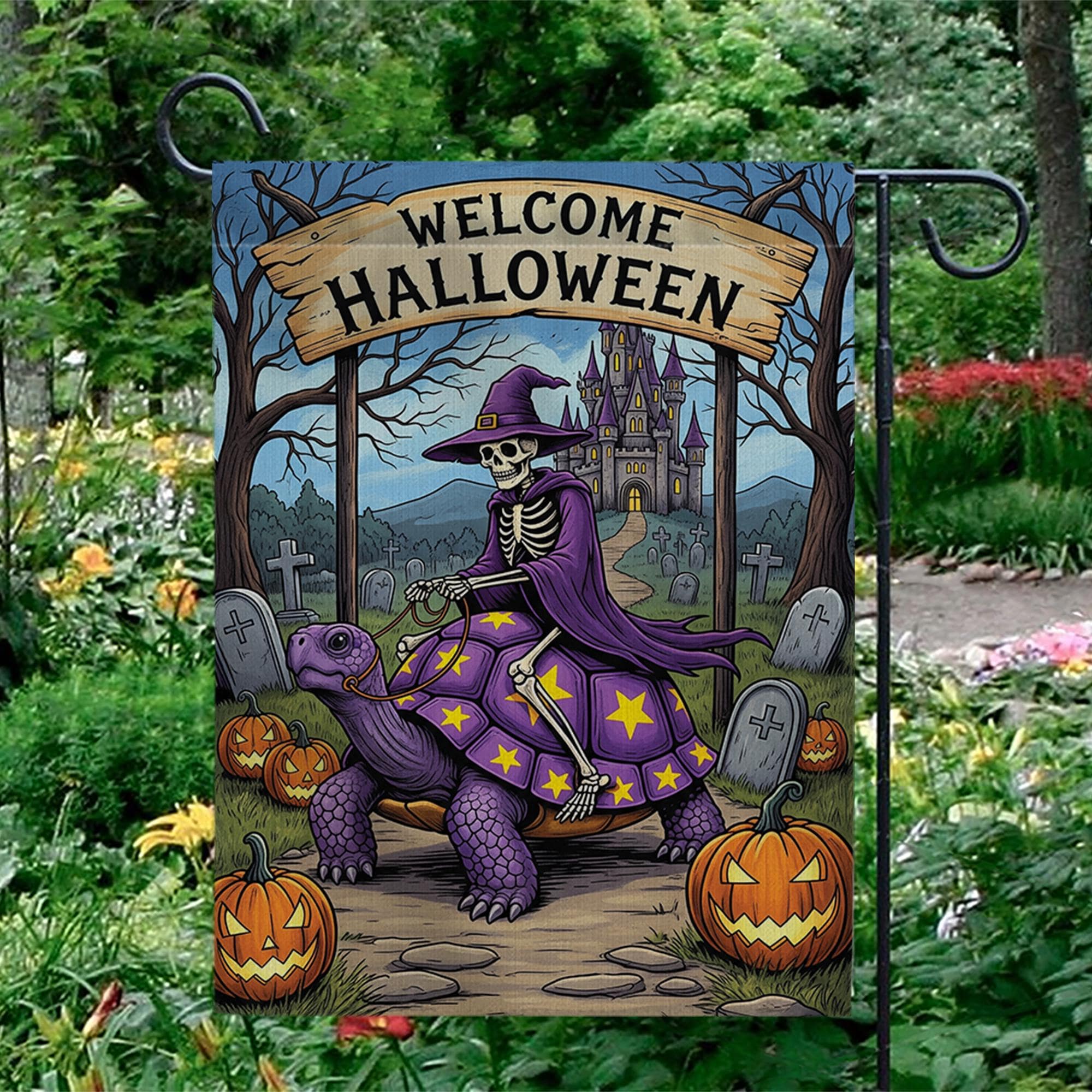 Welcome Halloween Skeleton Witch Turtle Garden Flag, Spooky Fantasy Yard Decor, Unique Halloween Welcome Banner, Gothic Outdoor Art