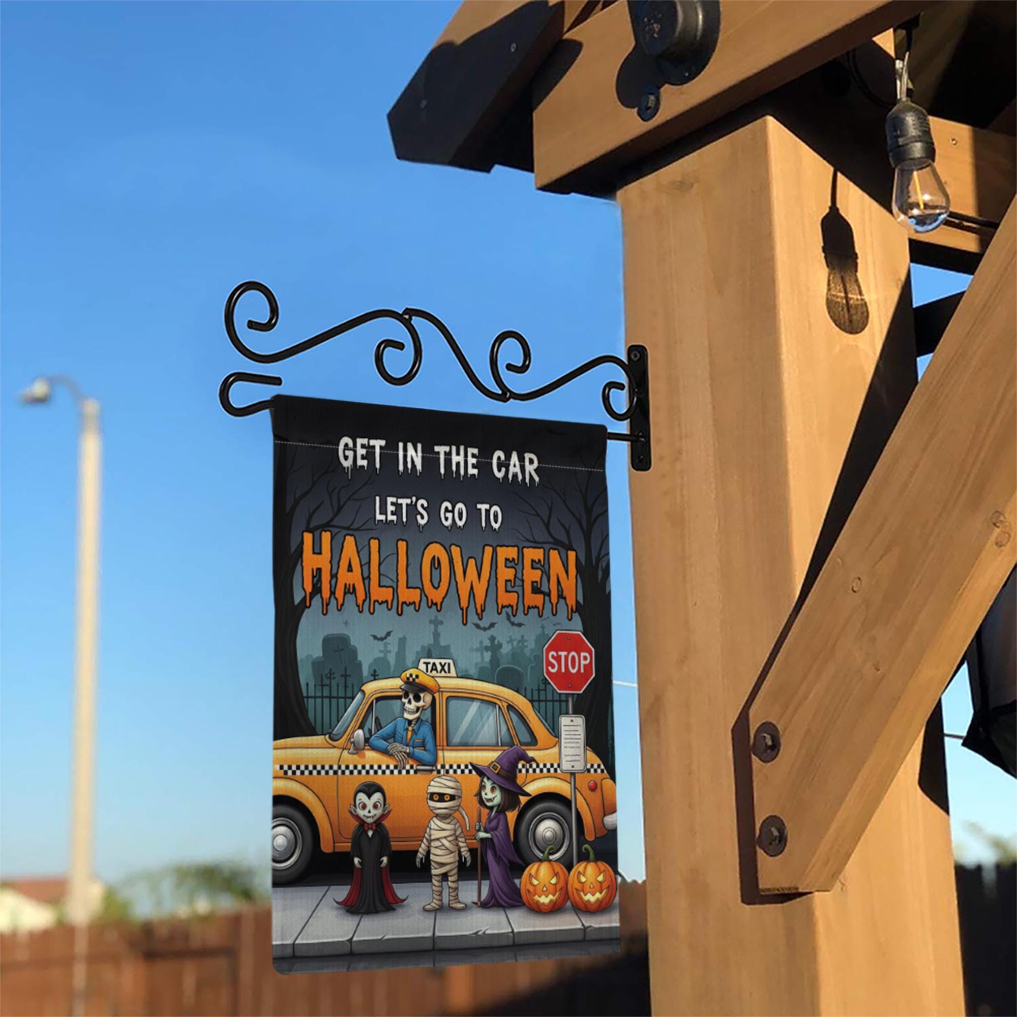 Get In The Car Let's Go To Halloween" Garden Flag, Spooky Taxi Yard Decor, Funny Monster Halloween Banner, Outdoor Seasonal Art