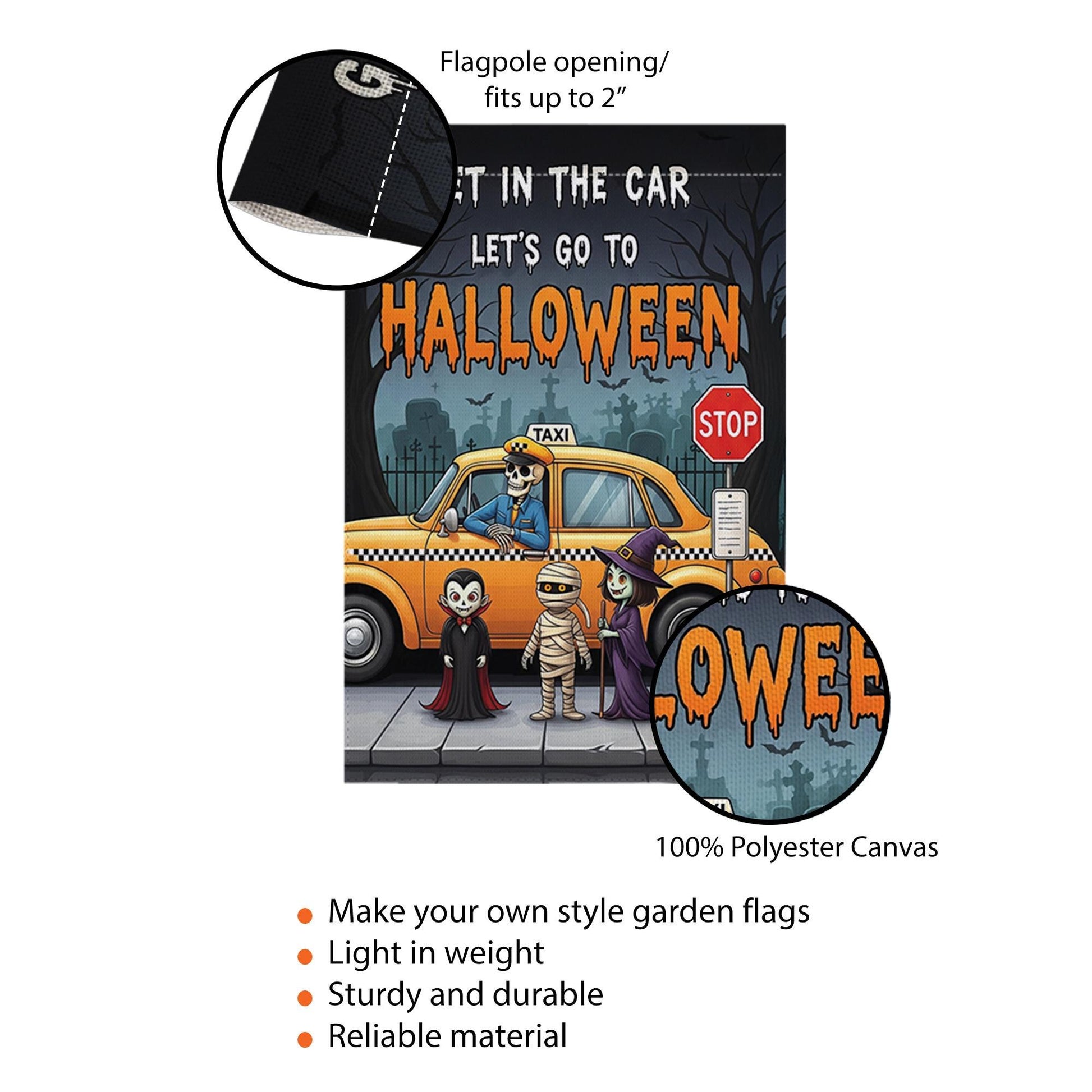 Get In The Car Let's Go To Halloween" Garden Flag, Spooky Taxi Yard Decor, Funny Monster Halloween Banner, Outdoor Seasonal Art