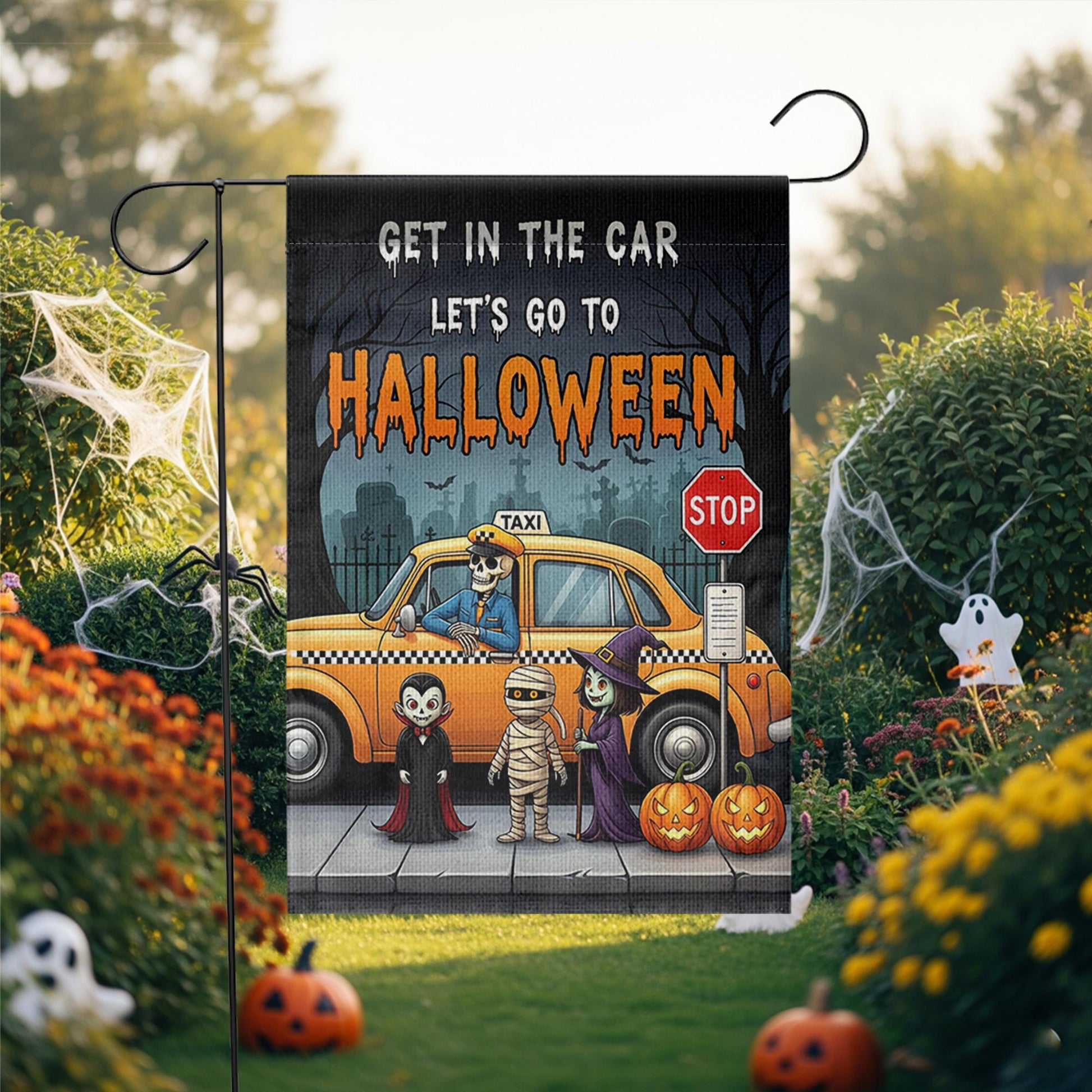 Get In The Car Let's Go To Halloween" Garden Flag, Spooky Taxi Yard Decor, Funny Monster Halloween Banner, Outdoor Seasonal Art