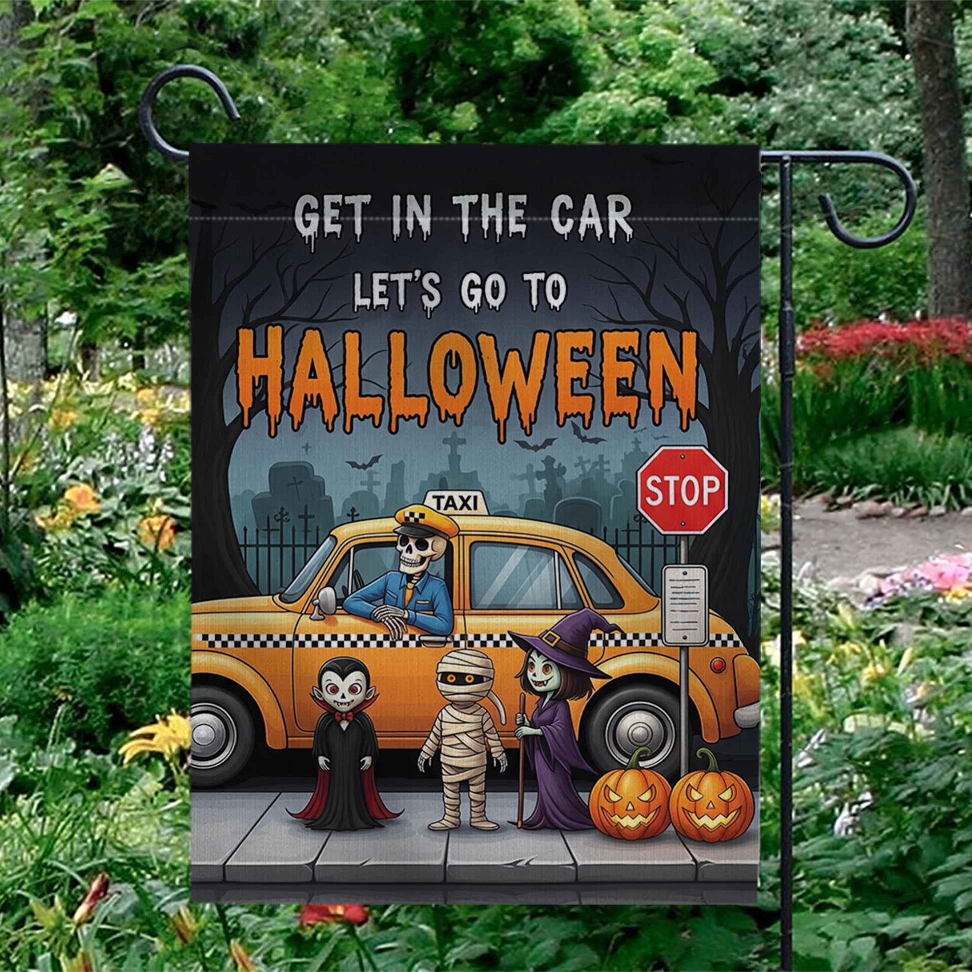 Get In The Car Let's Go To Halloween" Garden Flag, Spooky Taxi Yard Decor, Funny Monster Halloween Banner, Outdoor Seasonal Art