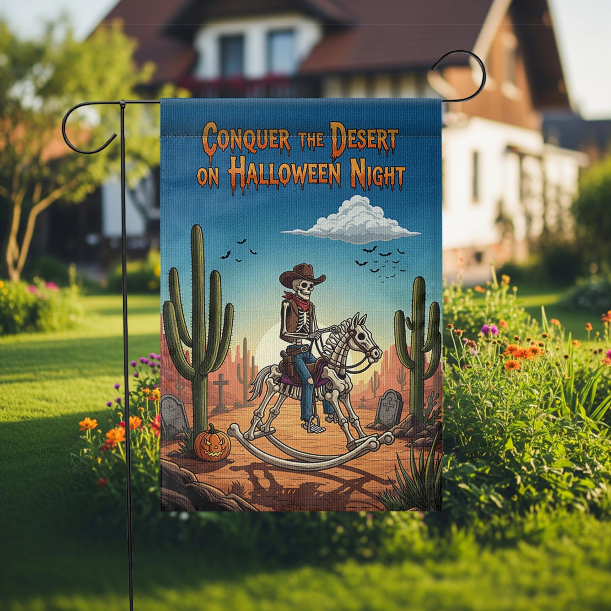 Conquer Desert Halloween Night" Garden Flag, Skeleton Cowboy Yard Decor, Spooky Western Outdoor Banner, Unique Fall Flag