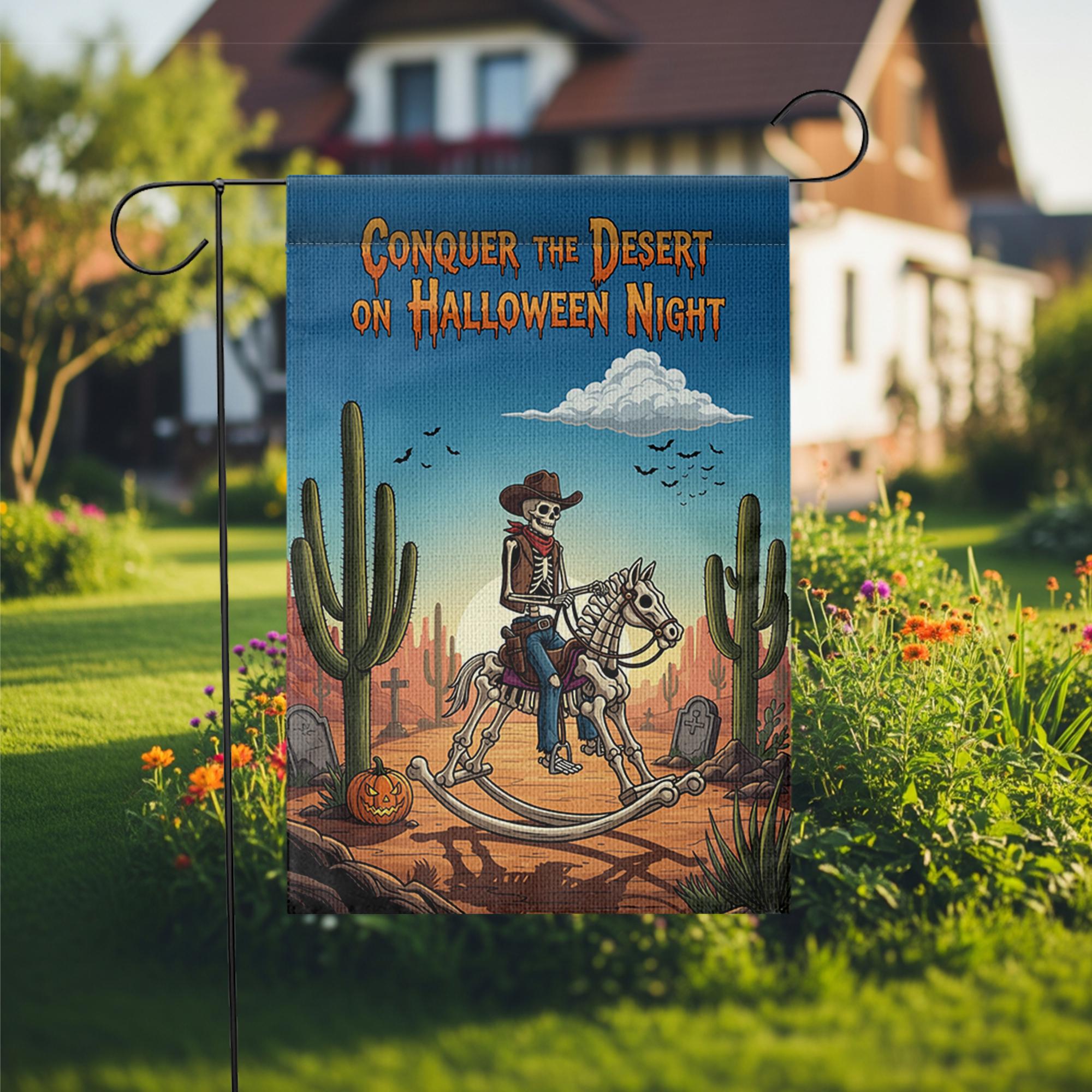 Conquer Desert Halloween Night" Garden Flag, Skeleton Cowboy Yard Decor, Spooky Western Outdoor Banner, Unique Fall Flag